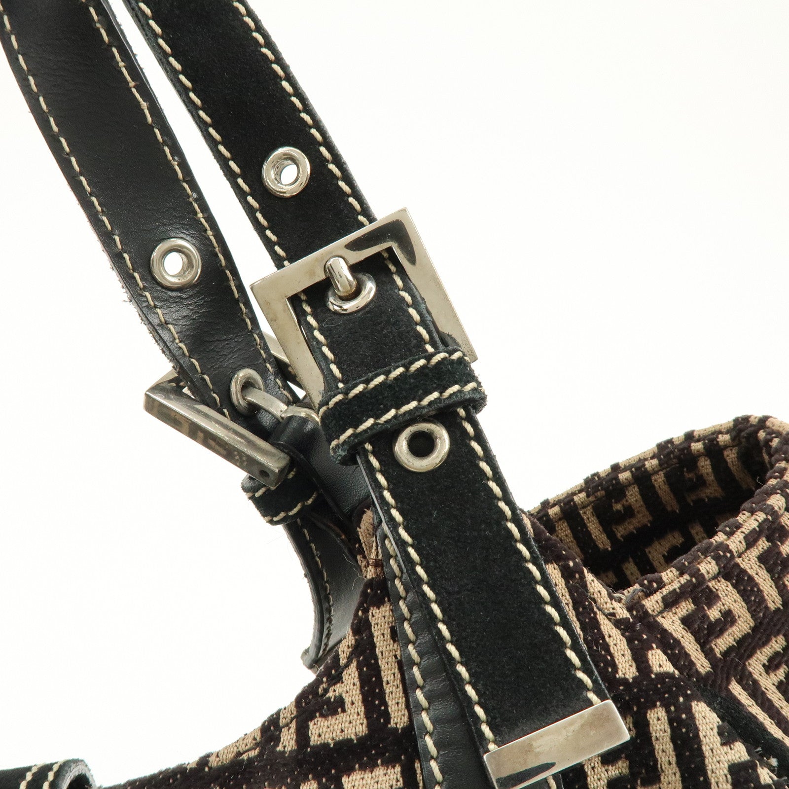 FENDI Zucchino Canvas Suede Leather Tote Bag Black Beige 8BR091
