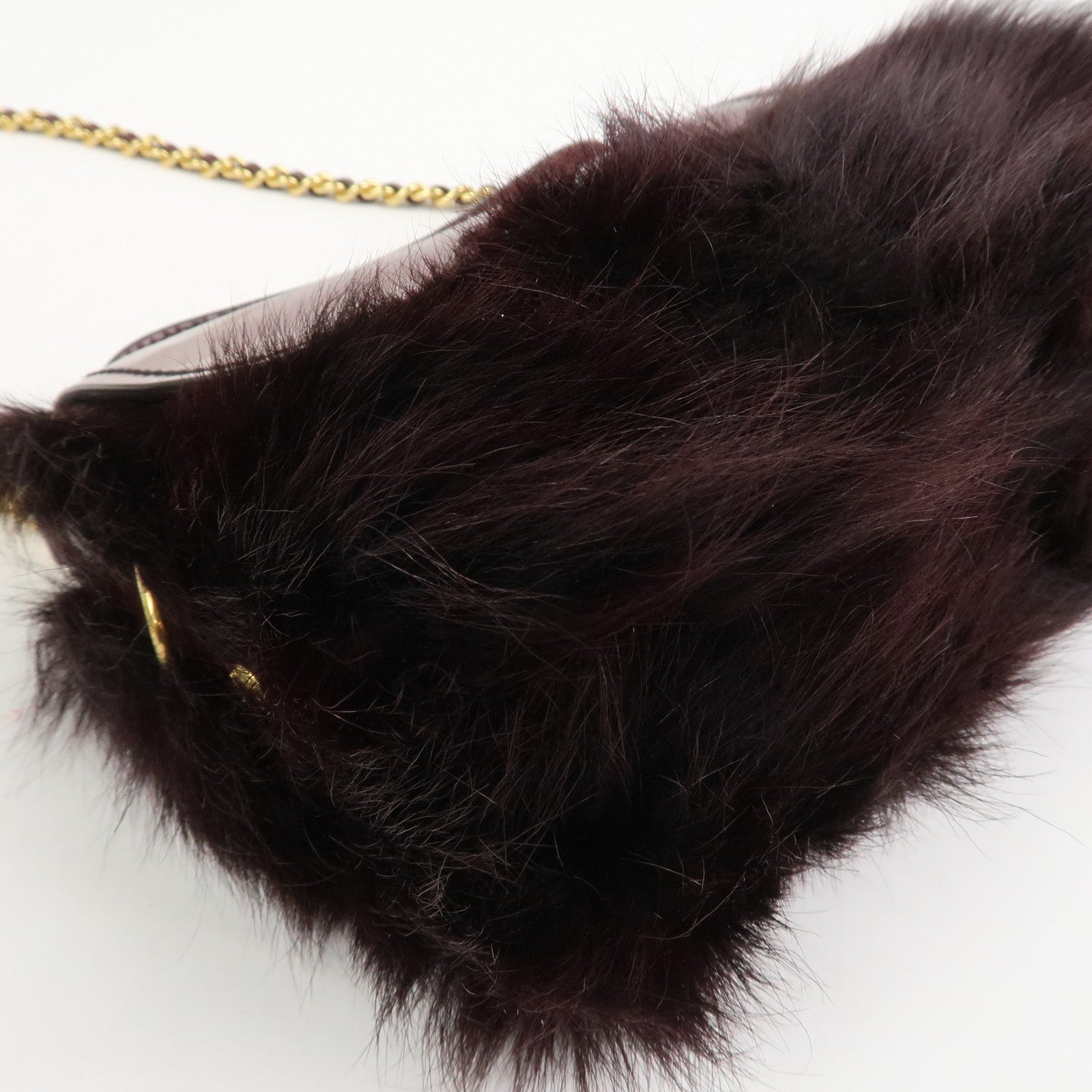 PRADA Leather Fur Chain Shoulder Bag Crossbody Bag Brown BP0368