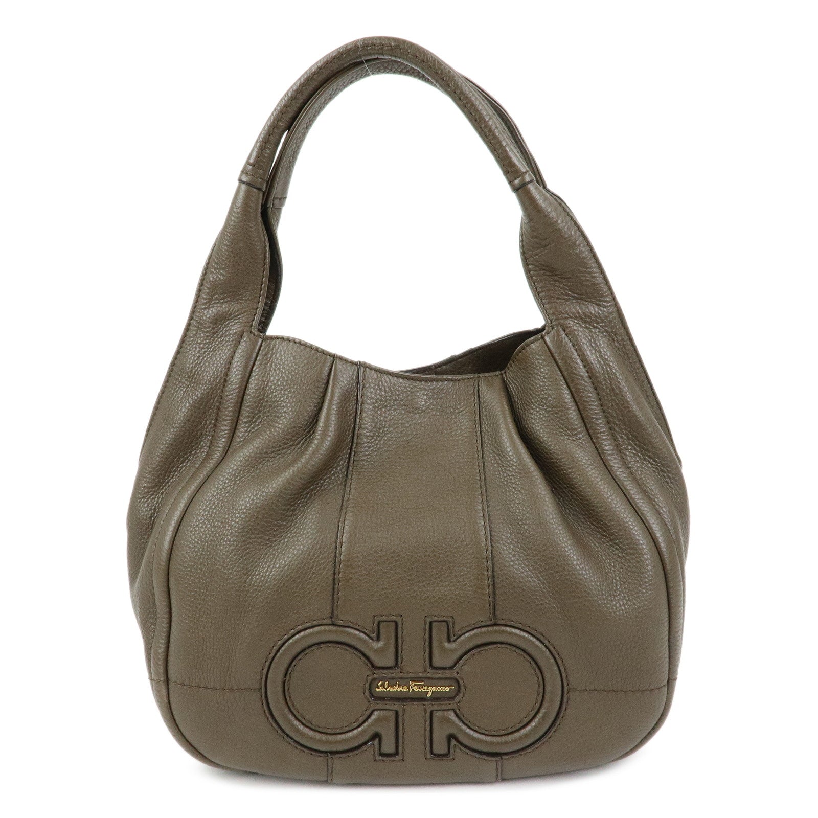 Ferragamo Gancini Calf Leather Hand Bag Shoulder Bag Khaki