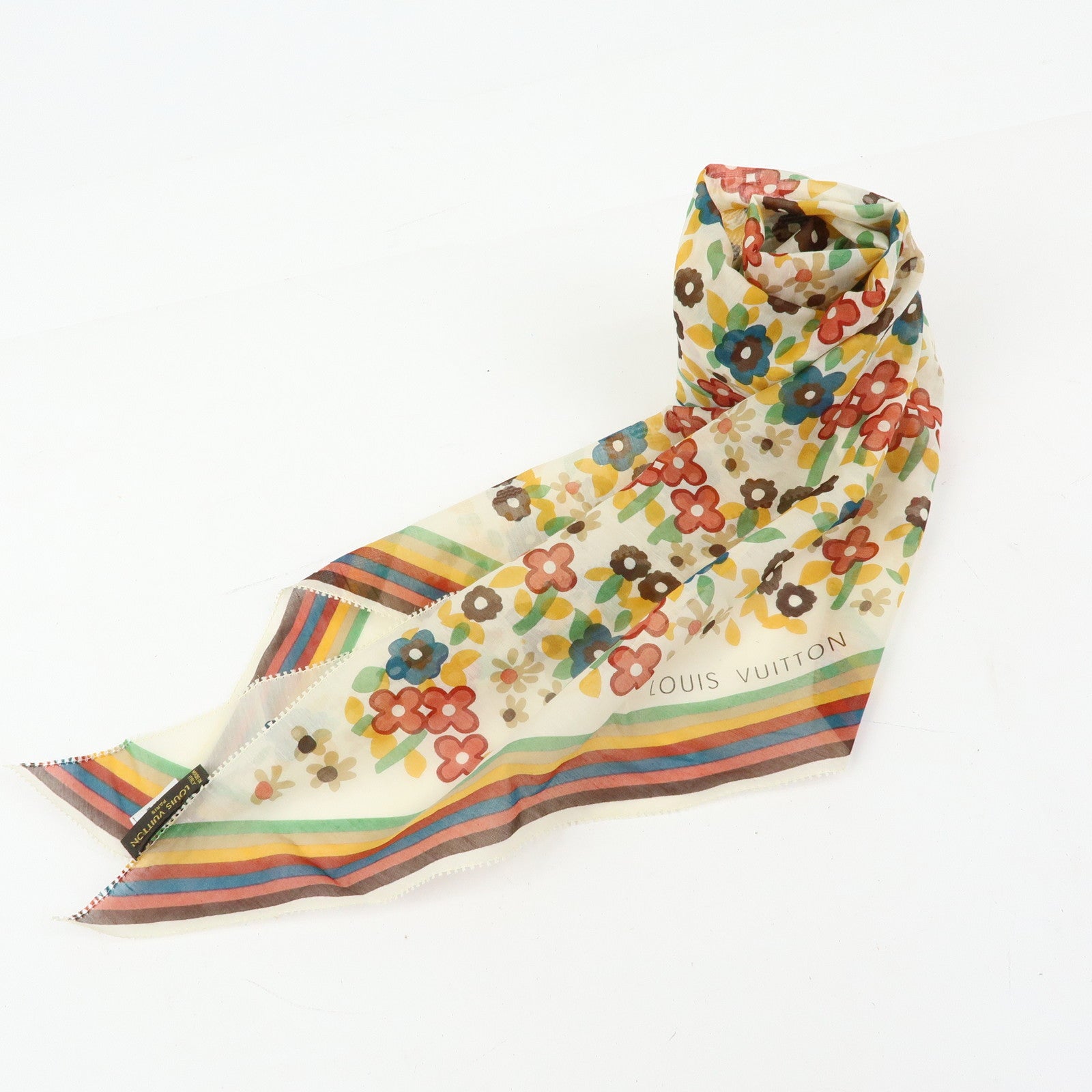 Louis Vuitton Cotton Silk Flower Motif Scarf Bandeau Ivory