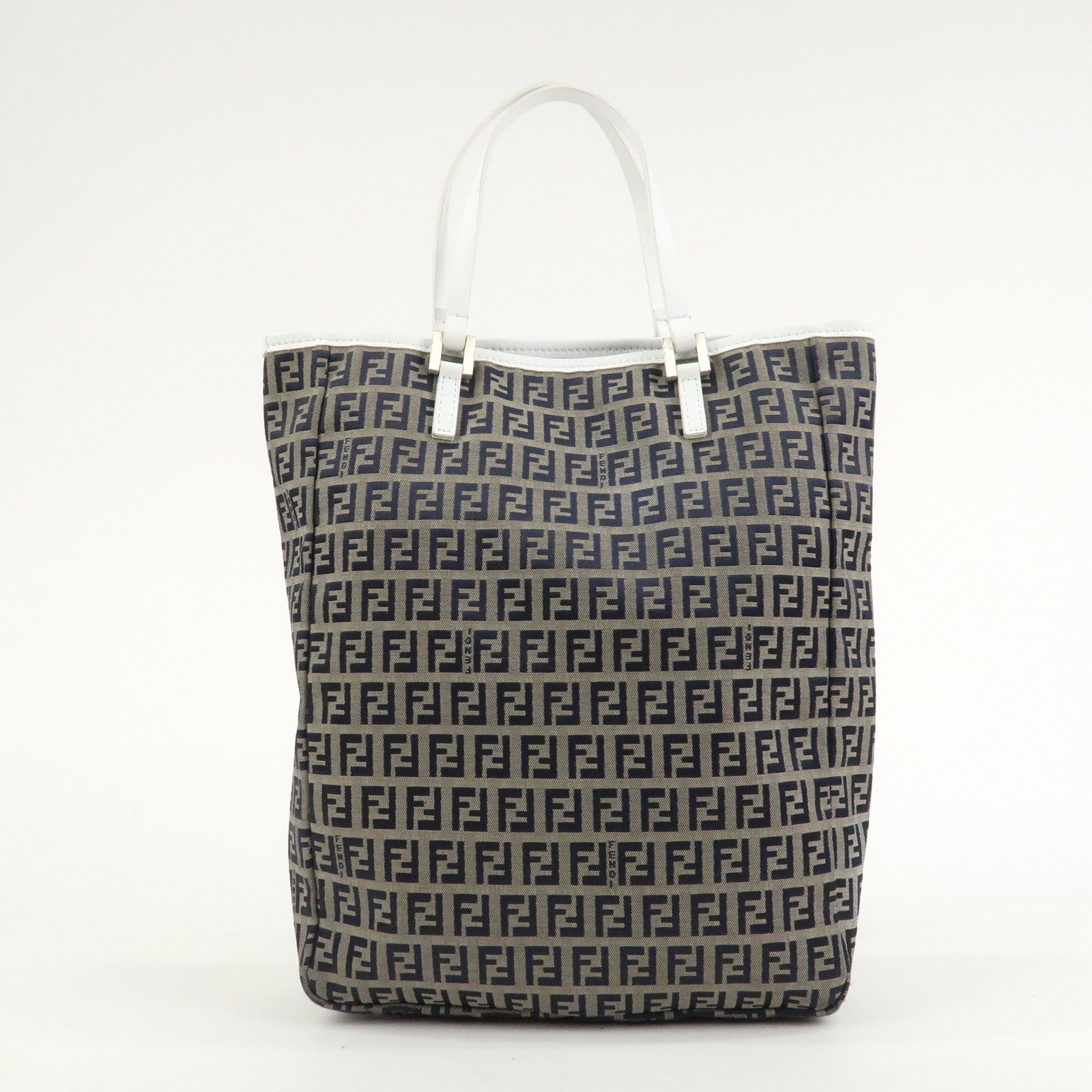 FENDI Zucchino Canvas Leather Tote Bag Hand Bag Navy 8BH006