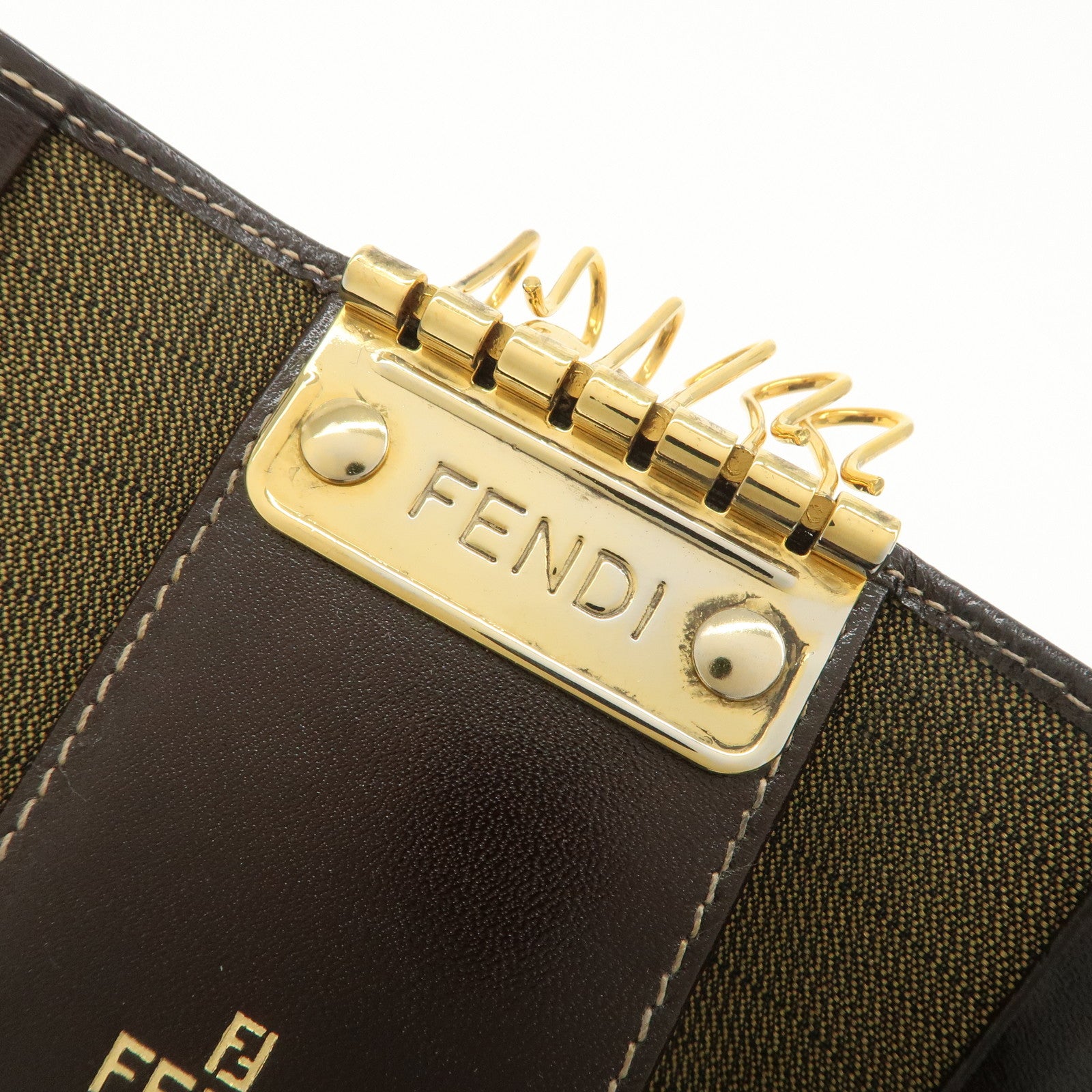 FENDI Zucca Canvas Leather 6 Ring Key Case Brown Black 10163