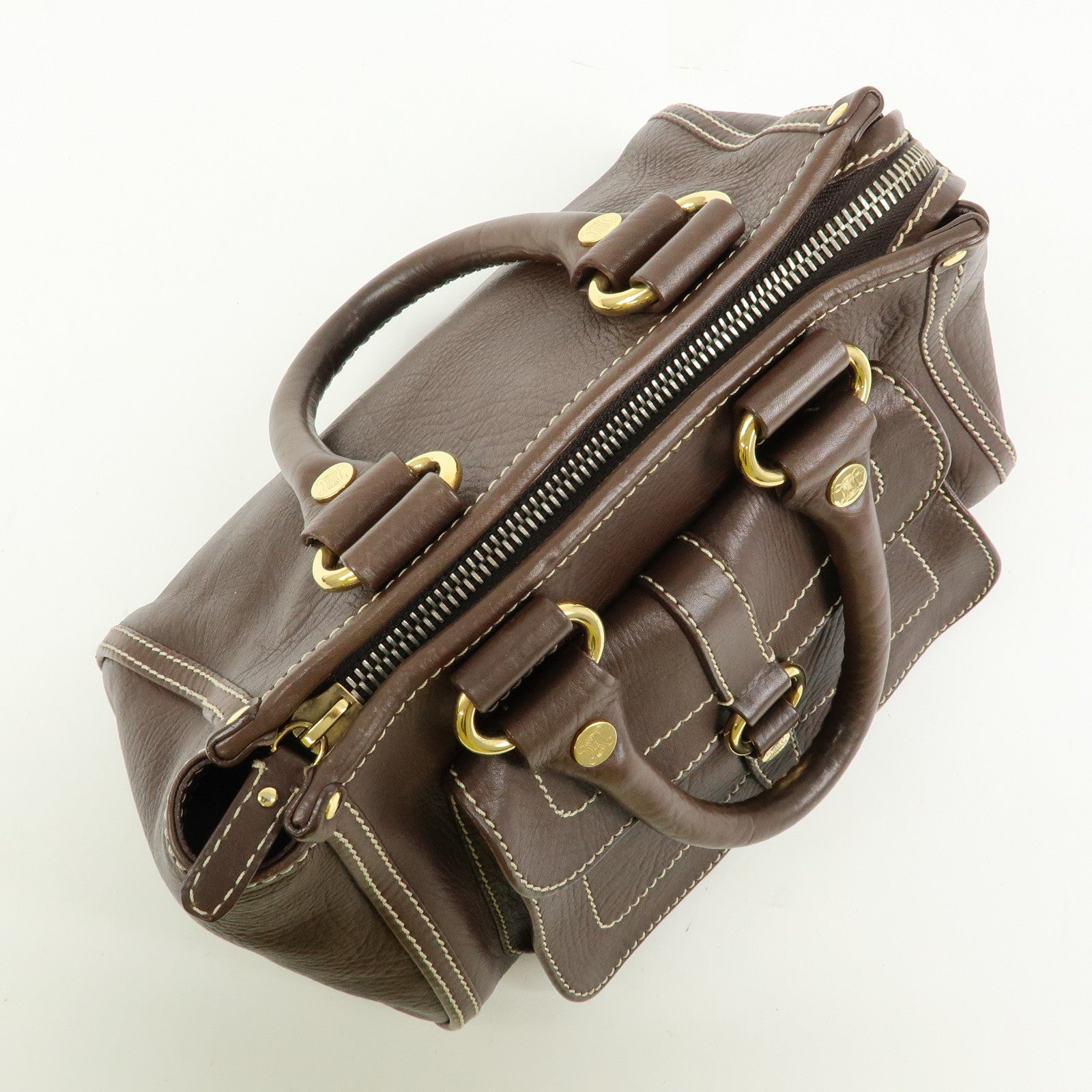 CELINE Logo Leather Hand Bag Mini Boston Bag Dark Brown