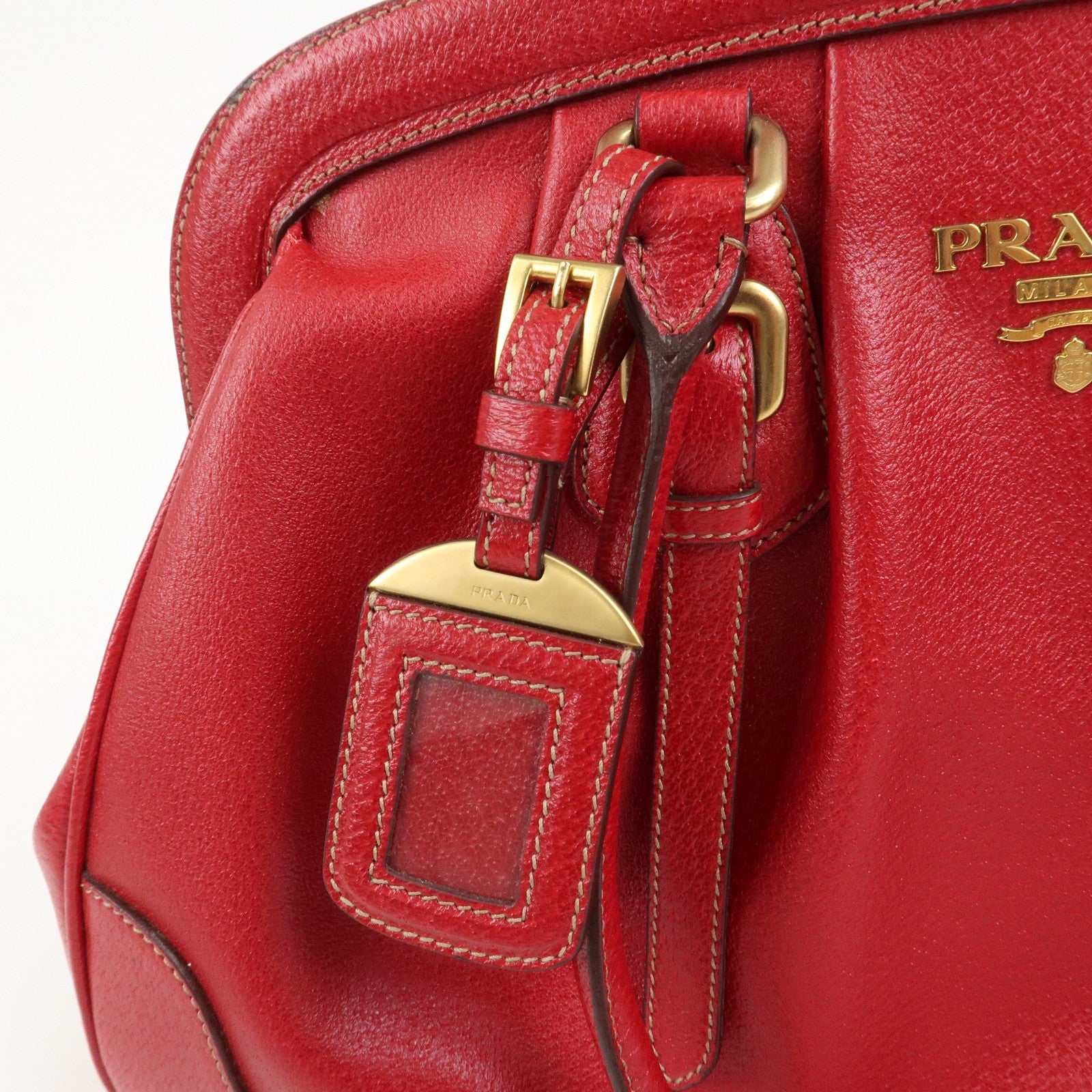 PRADA Logo Leather Hand Bag Shoulder Bag Red BR3508