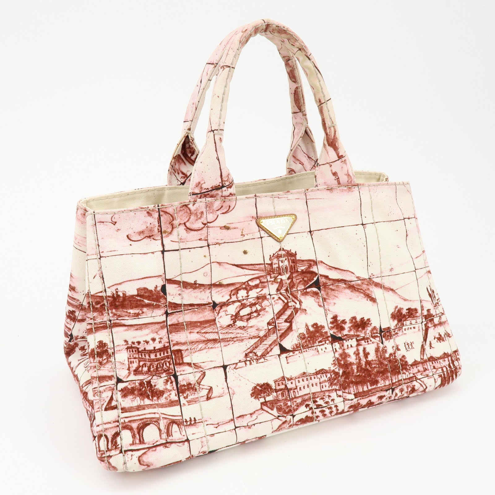 PRADA Canapa Large Triangle Logo Canvas Tote Bag Bordeaux B1872B