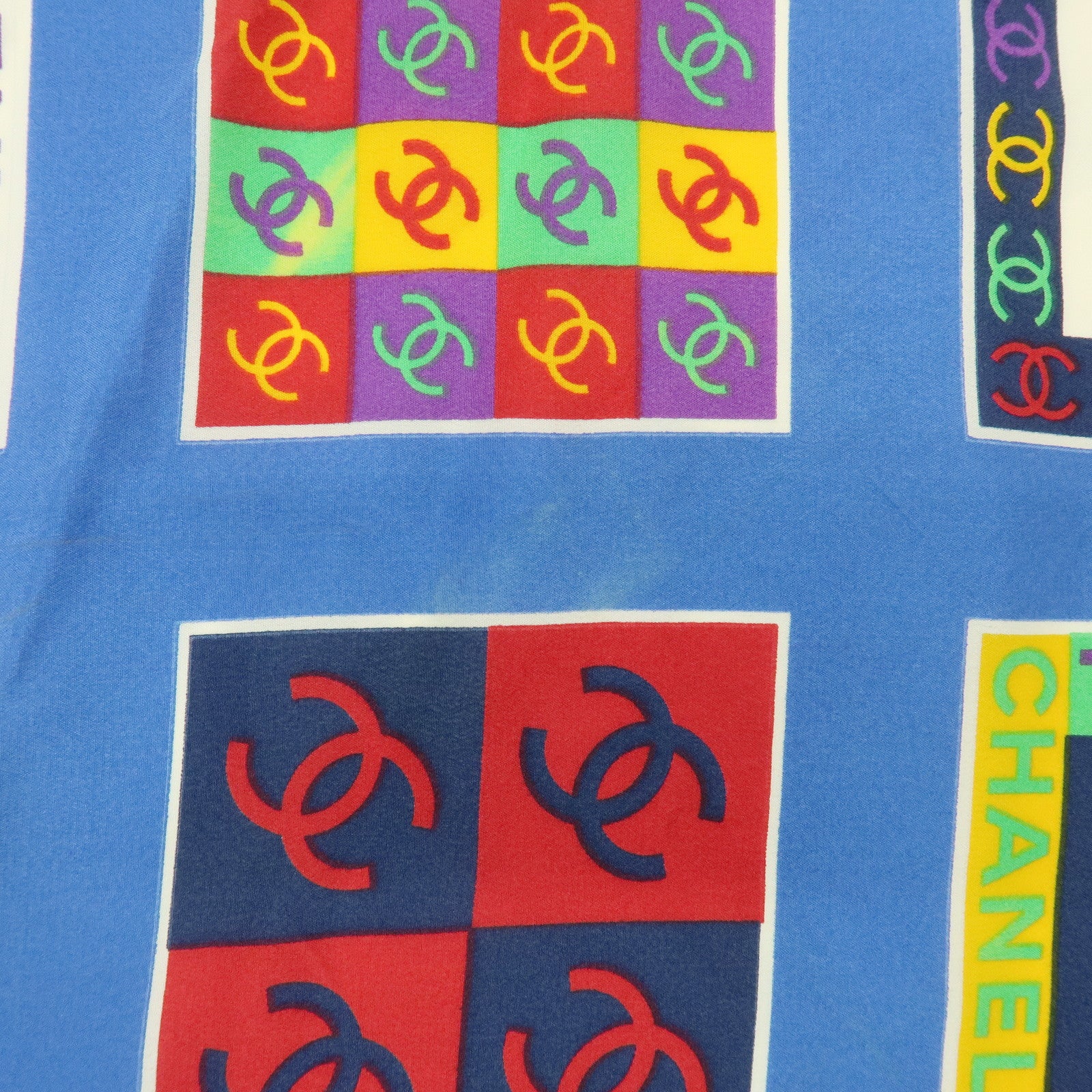 CHANEL COCO Mark Silk 100% Scarf Logo Print Blue Multicolor