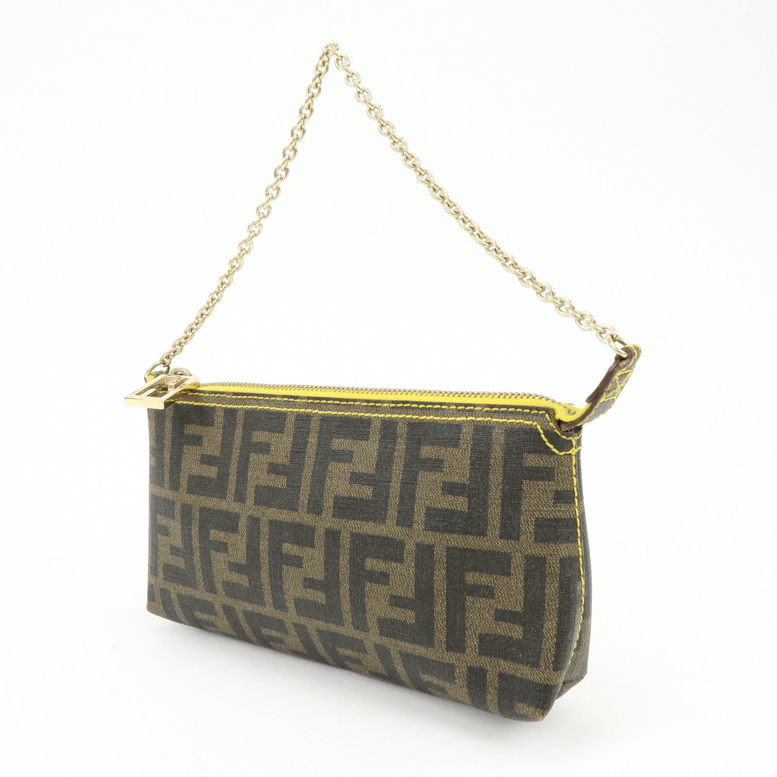 FENDI Zucca Print PVC Chain Accessory Pouch Brown Yellow 8BR592