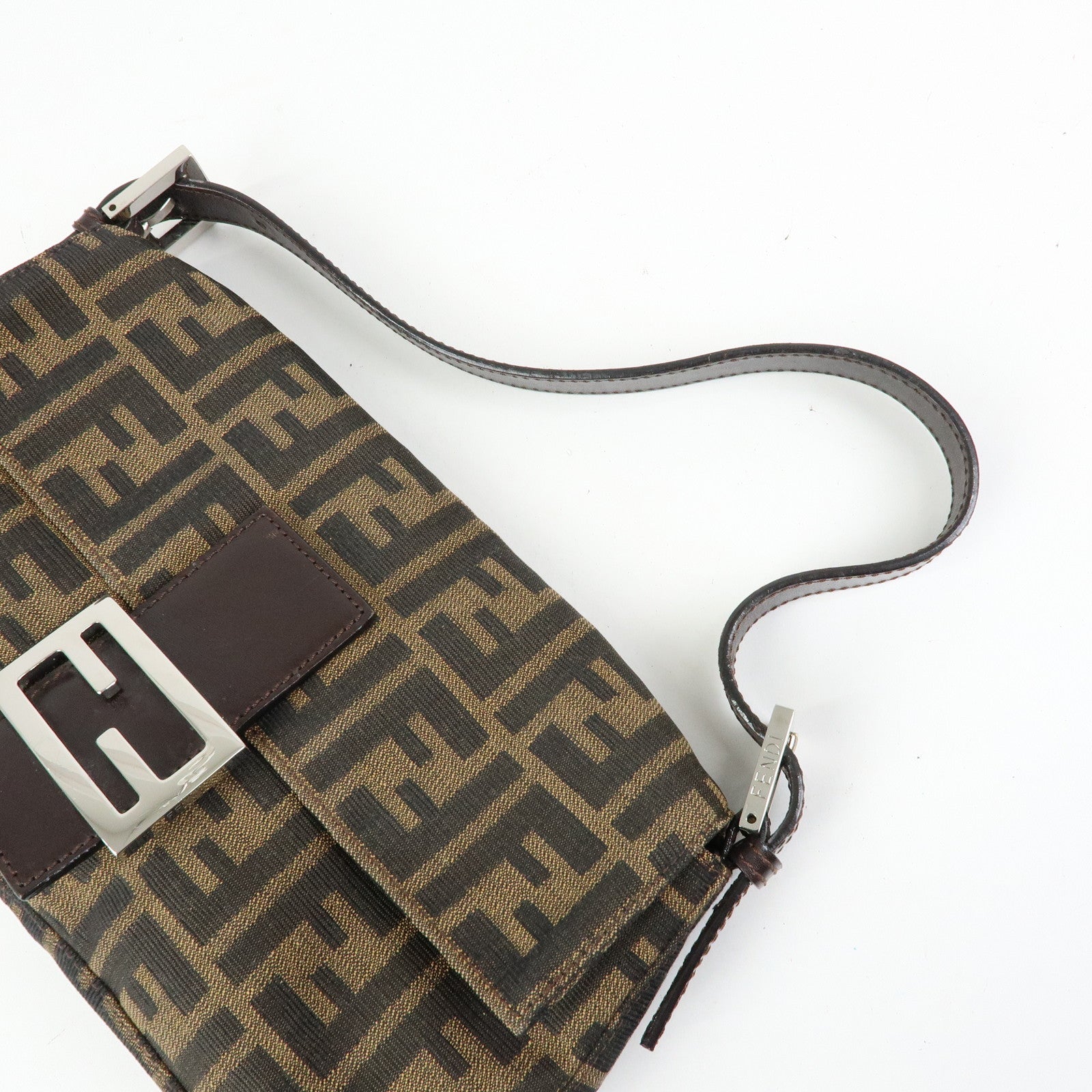 FENDI Mamma Baguette Zucca Canvas Leather Shoulder Bag Brown 26424