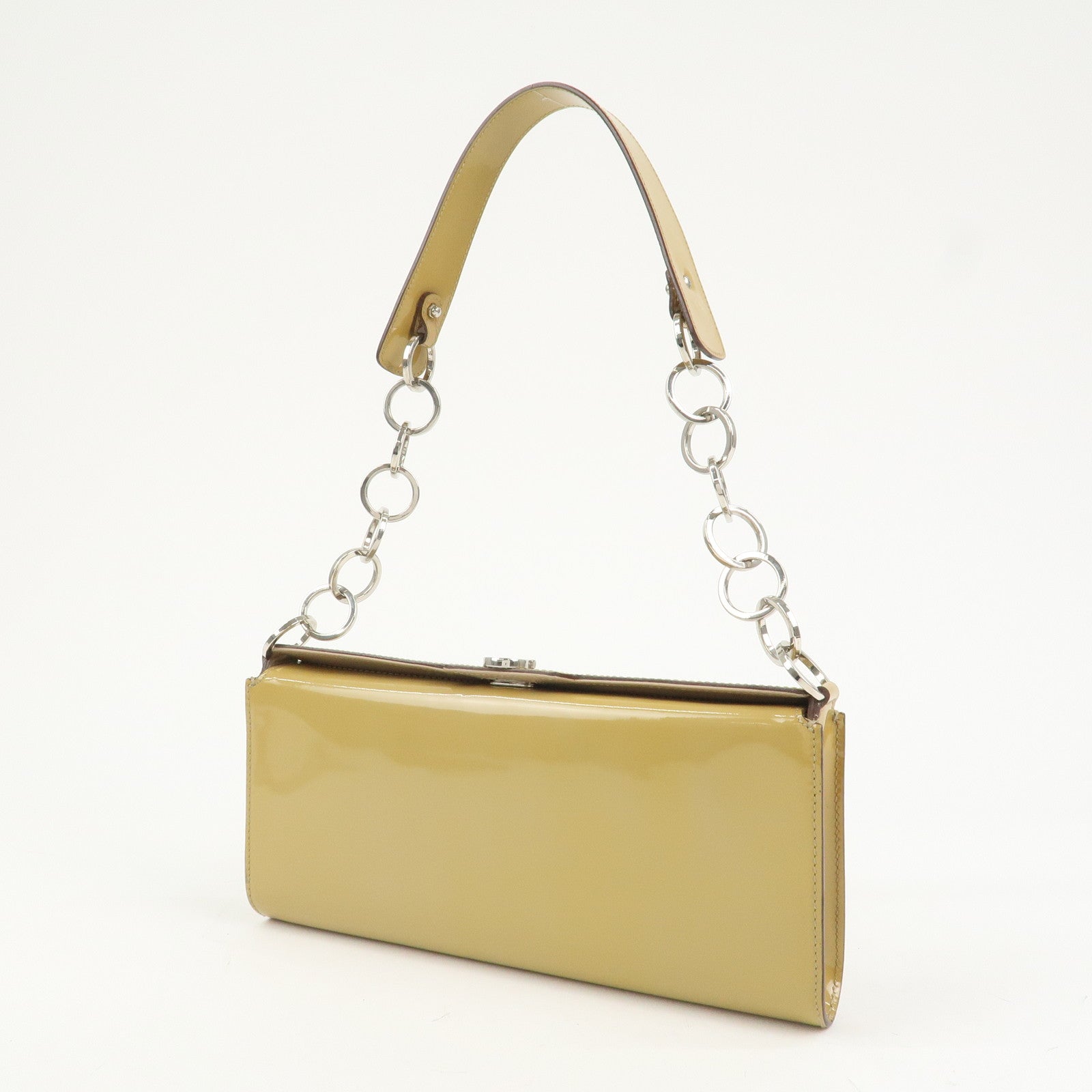 Ferragamo Gancini Patent Leather Chain Shoulder Bag Hand Bag Beige