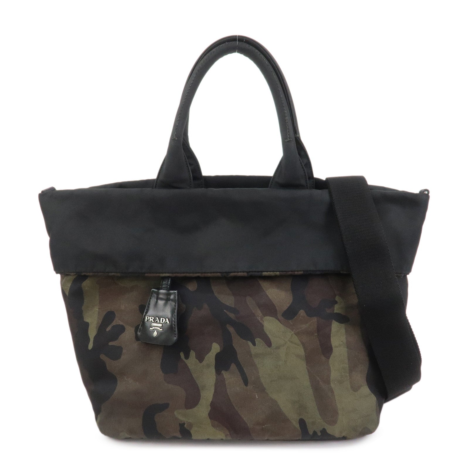 PRADATriangle Logo Nylon 2Way Hand Shoulder Bag Black Khaki BN1959