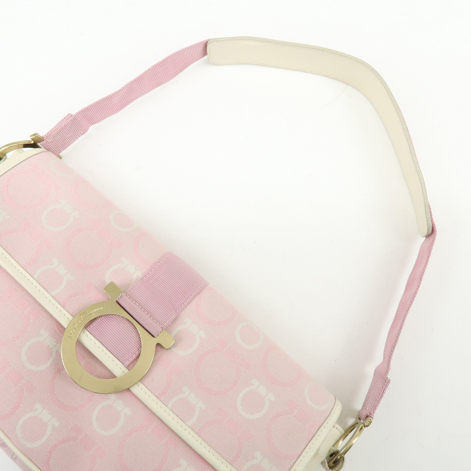 Ferragamo Gancini Canvas Leather Shoulder Bag Light Pink White