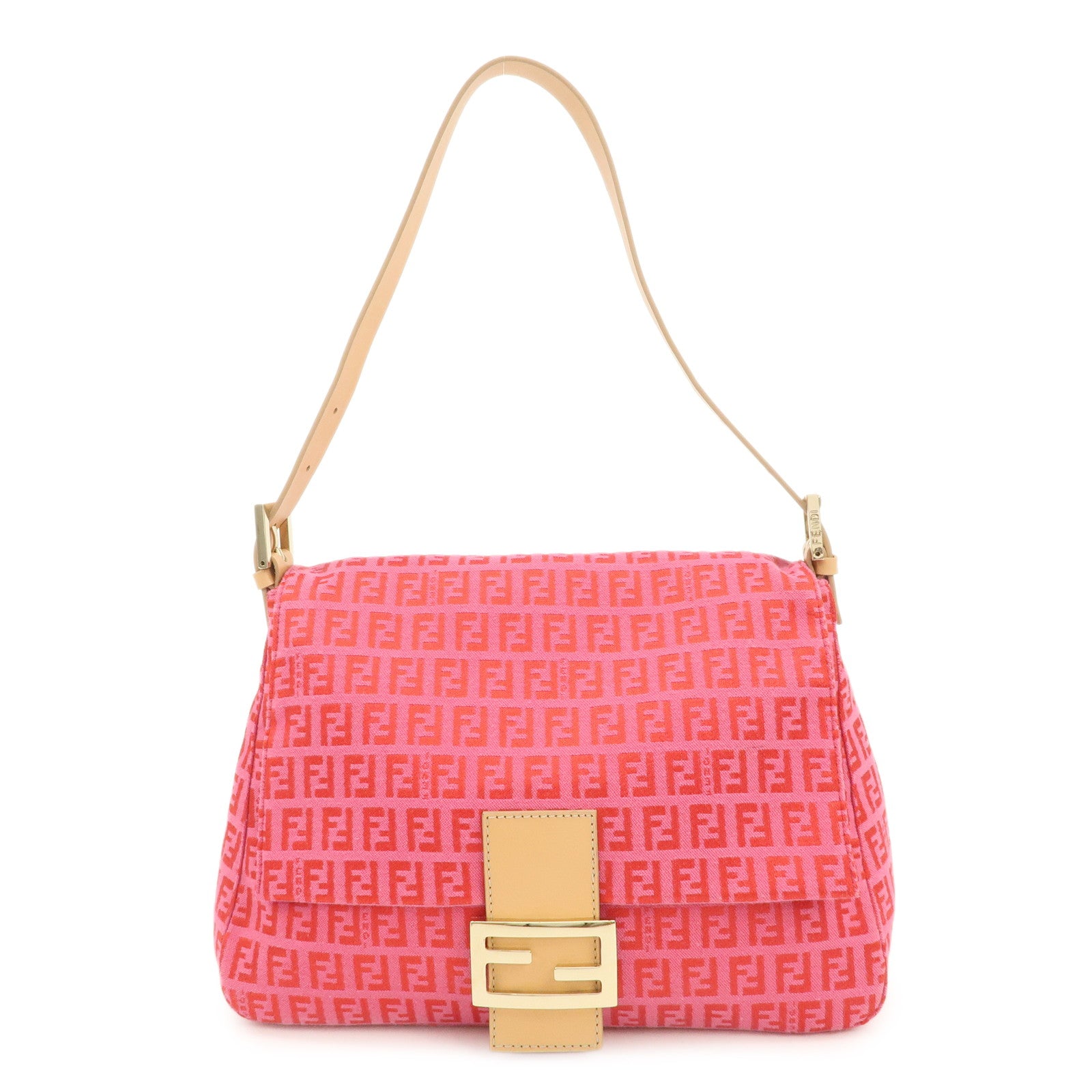 FENDI Mamma Baguette Zucchino Canvas Leather Shoulder Bag Pink