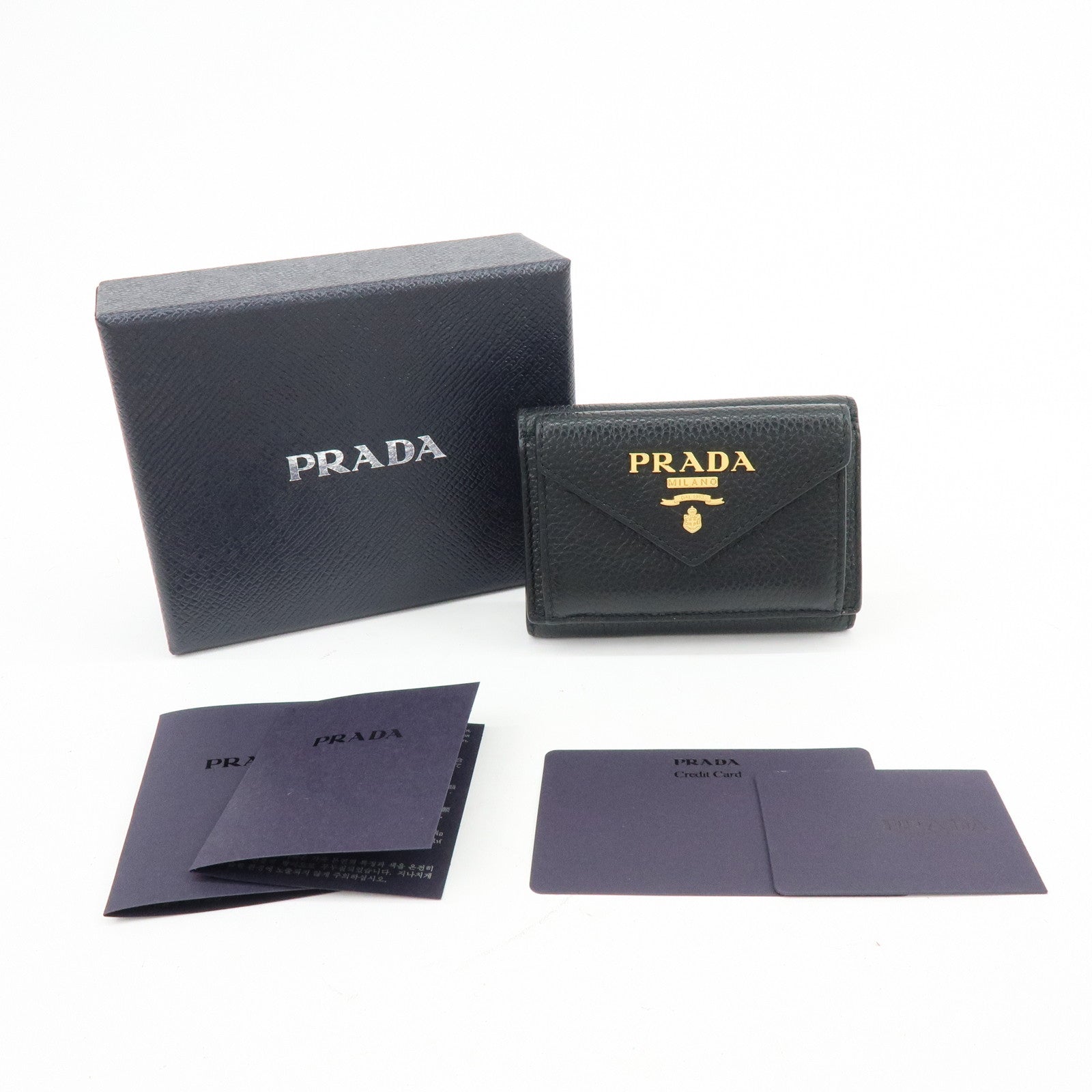 PRADA Logo Saffiano Leather Tri-fold Compact Wallet Black 1MH021