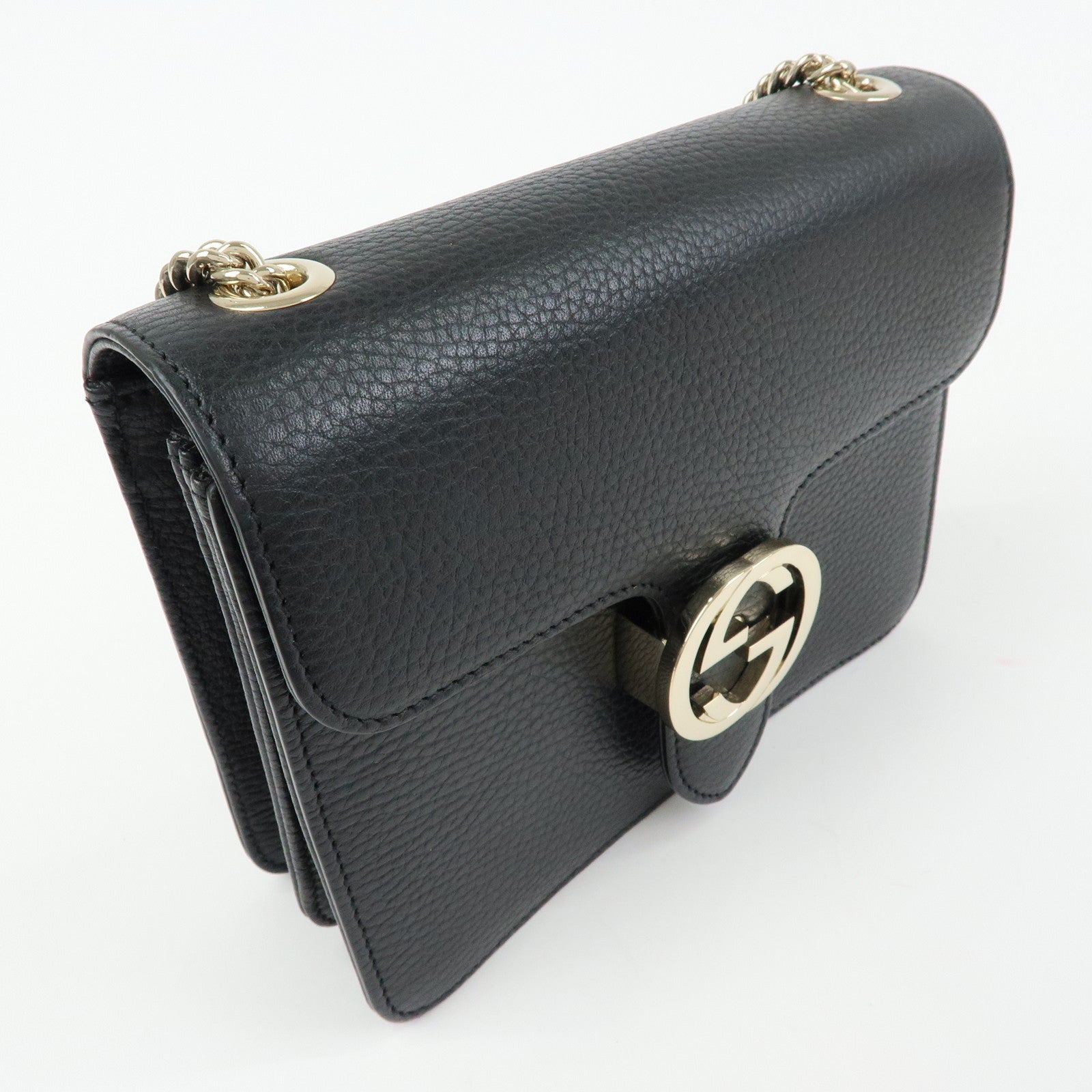 GUCCI Interlocking G Leather Chain Flap Shoulder Bag Black 510304