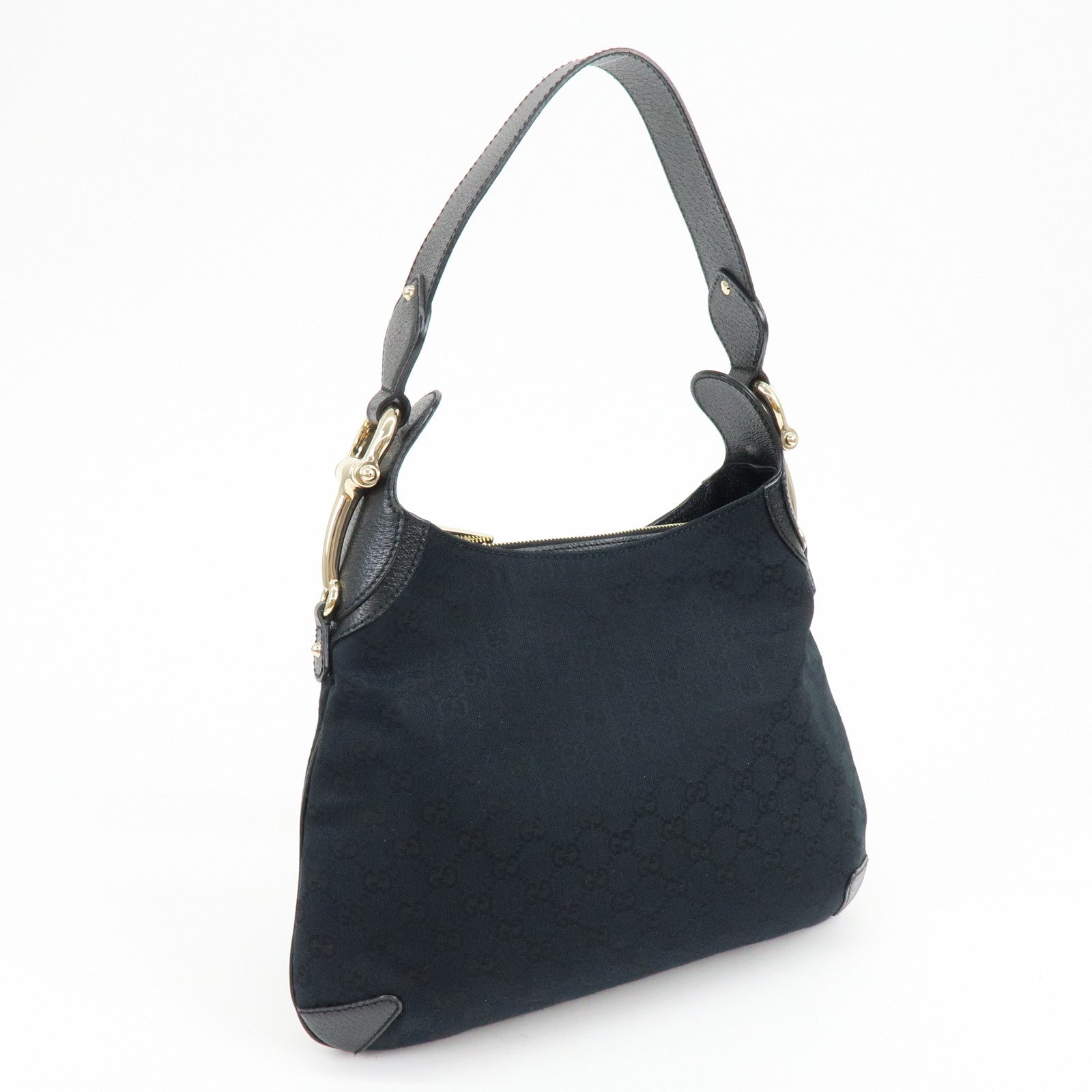 GUCCI Horsebit GG Canvas Leather Shoulder Bag Black 145826