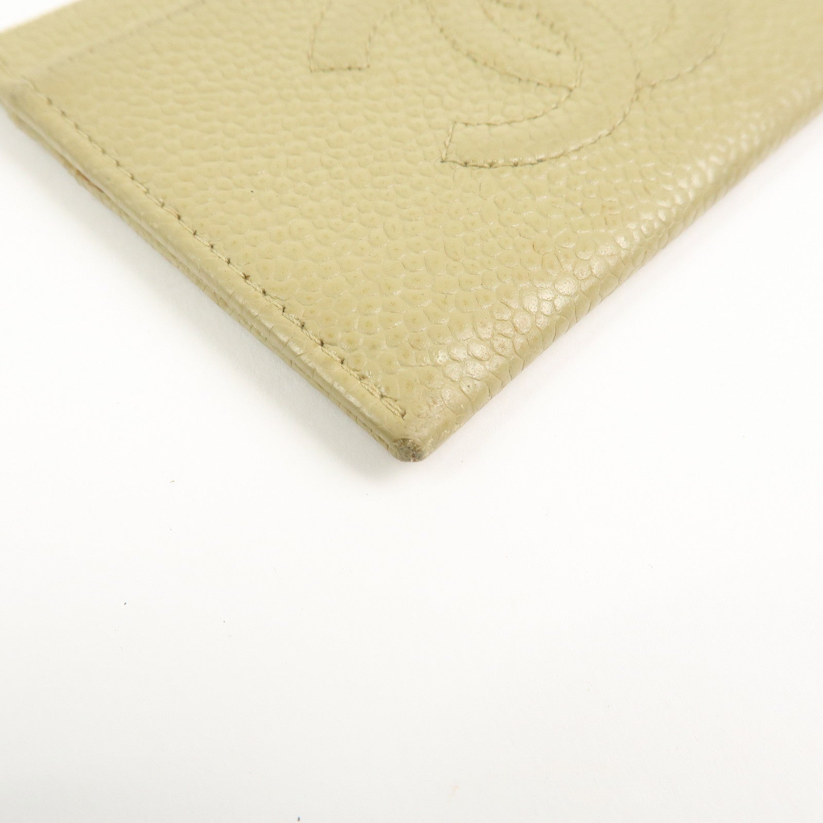 CHANEL COCO Mark Caviarskin Leather Card Case Card Holder Beige