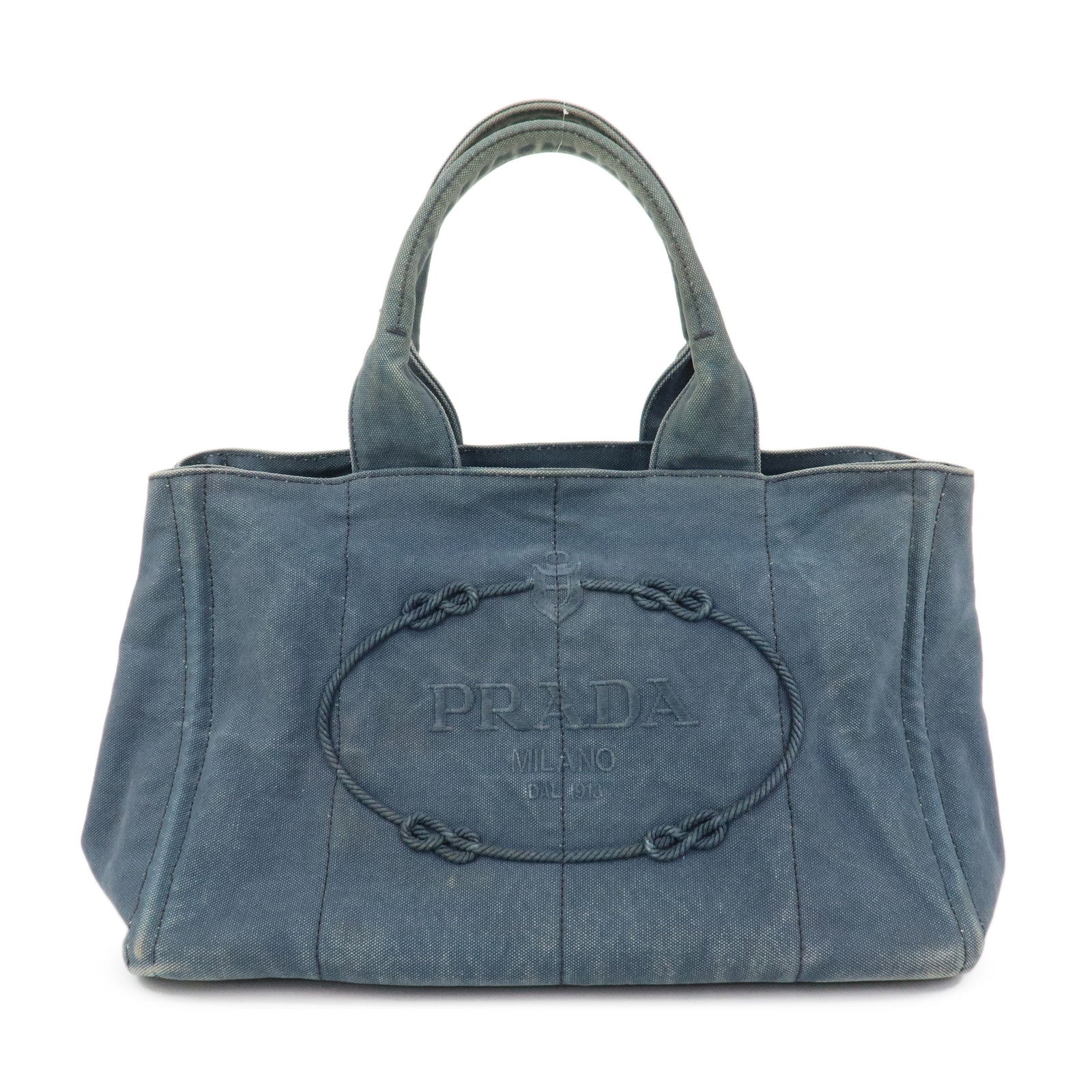 PRADA Logo Canapa Canvas Tote Bag Hand Bag Blue B1877B