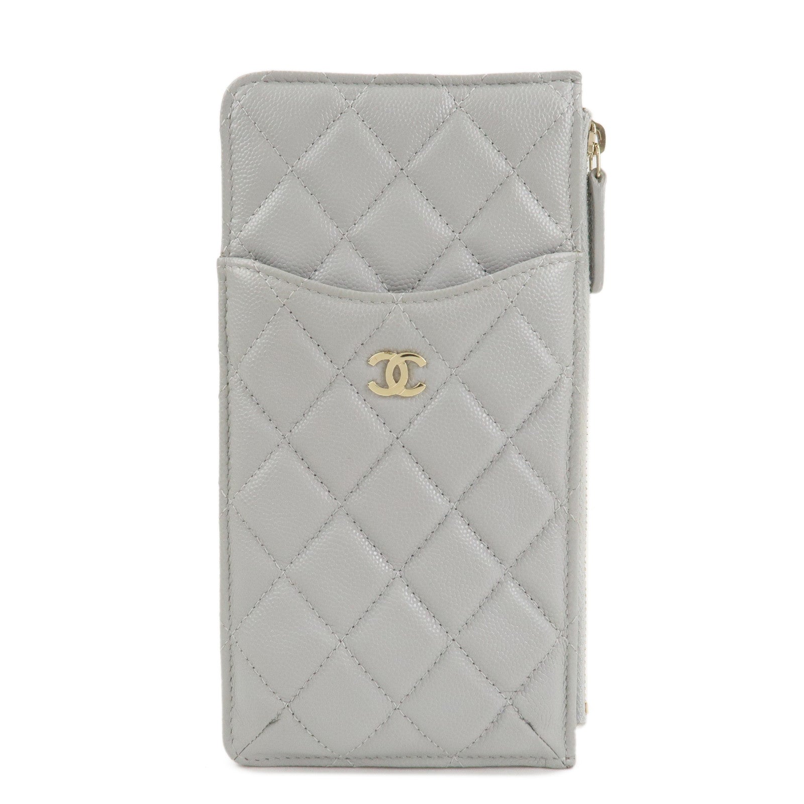 CHANEL Matelasse Caviar Skin Coco Mark Classic Pouch Card Case Gray Used