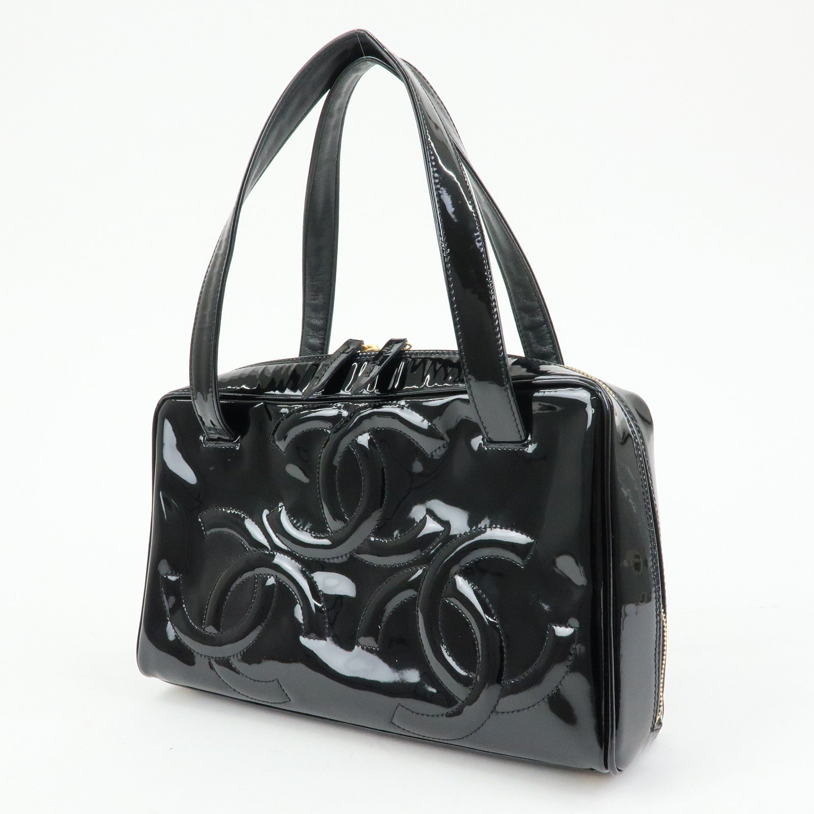 CHANEL Triple COCO Mark Patent Leather Tote Bag Hand Bag Black