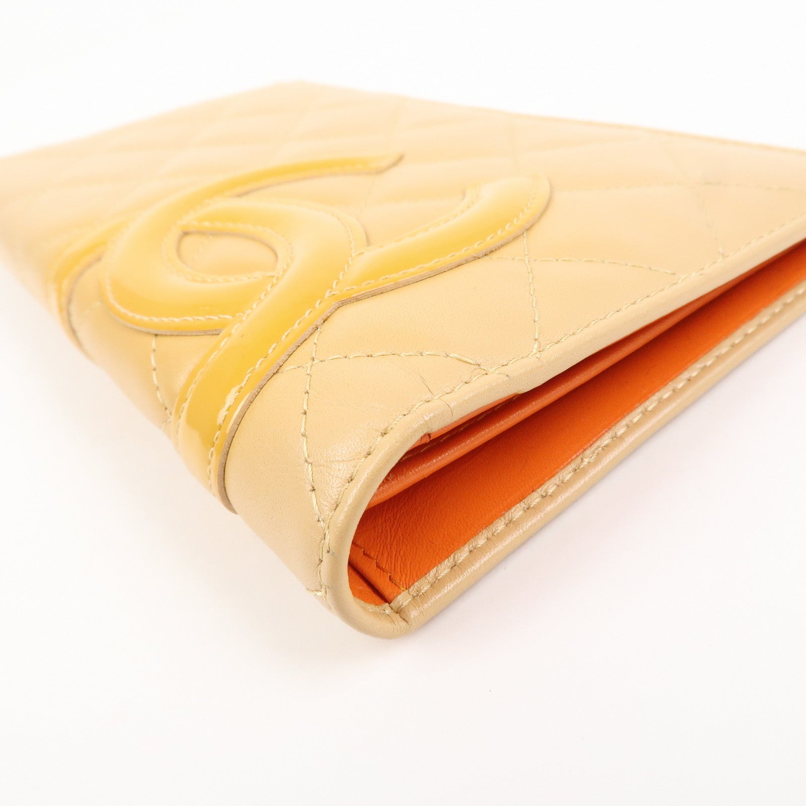 CHANEL Cambon Lamb Skin Leather Bi-fold Wallet Beige A26717