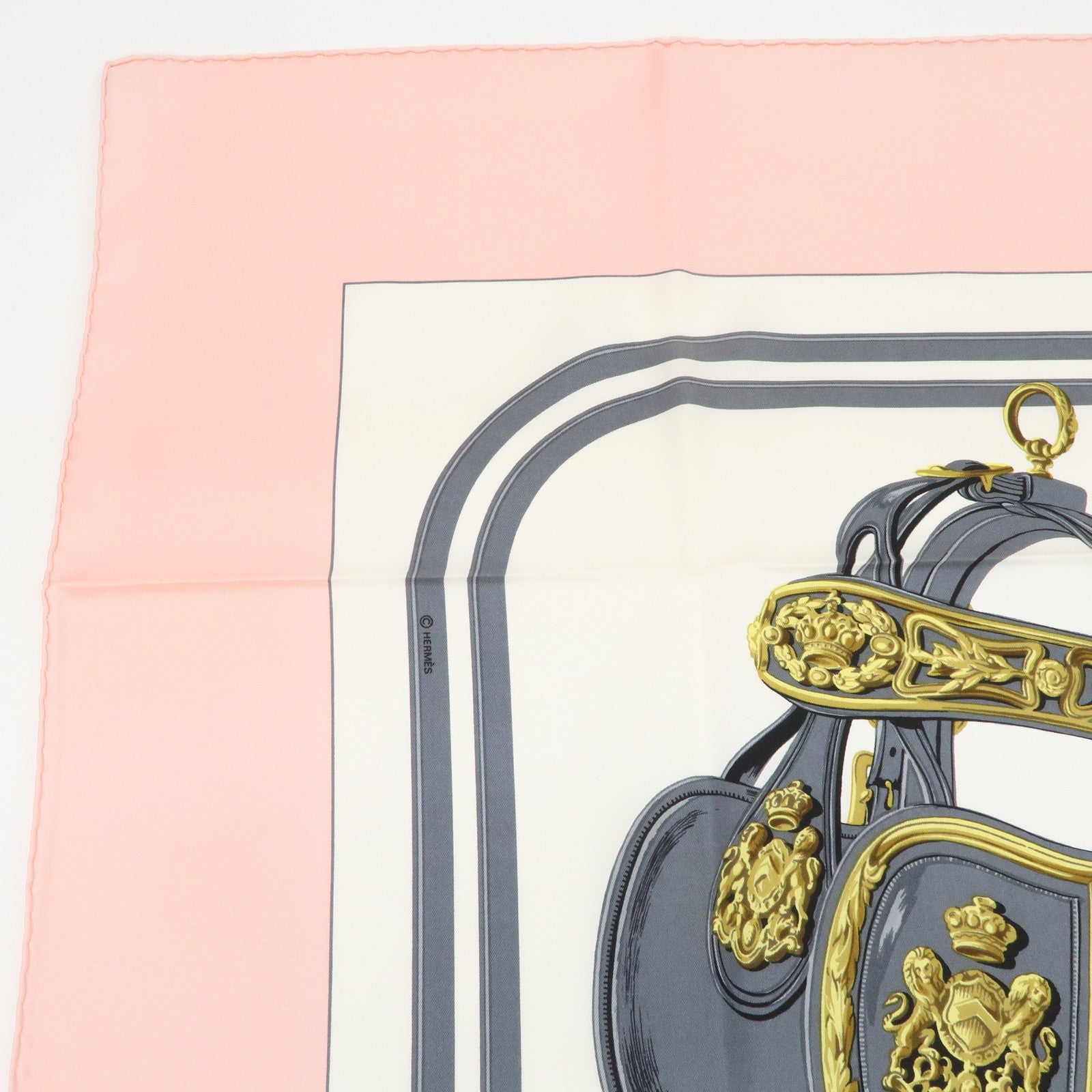 HERMES Carre 90 Silk 100% RIDES DE GALA Scarf Light Pink White