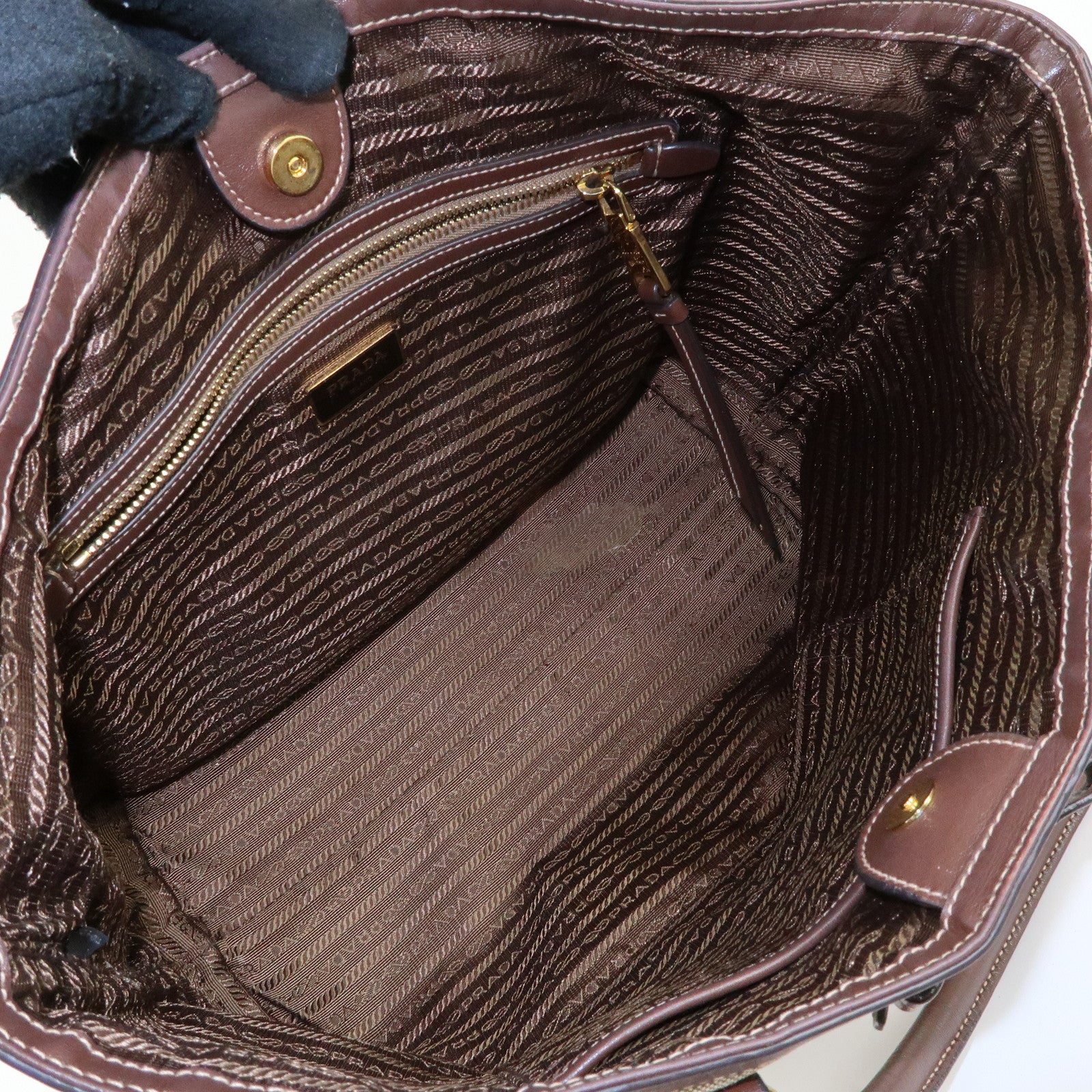 PRADA Triangle Logo Jacquard Leather Tote Bag Beige Brown 1BG158
