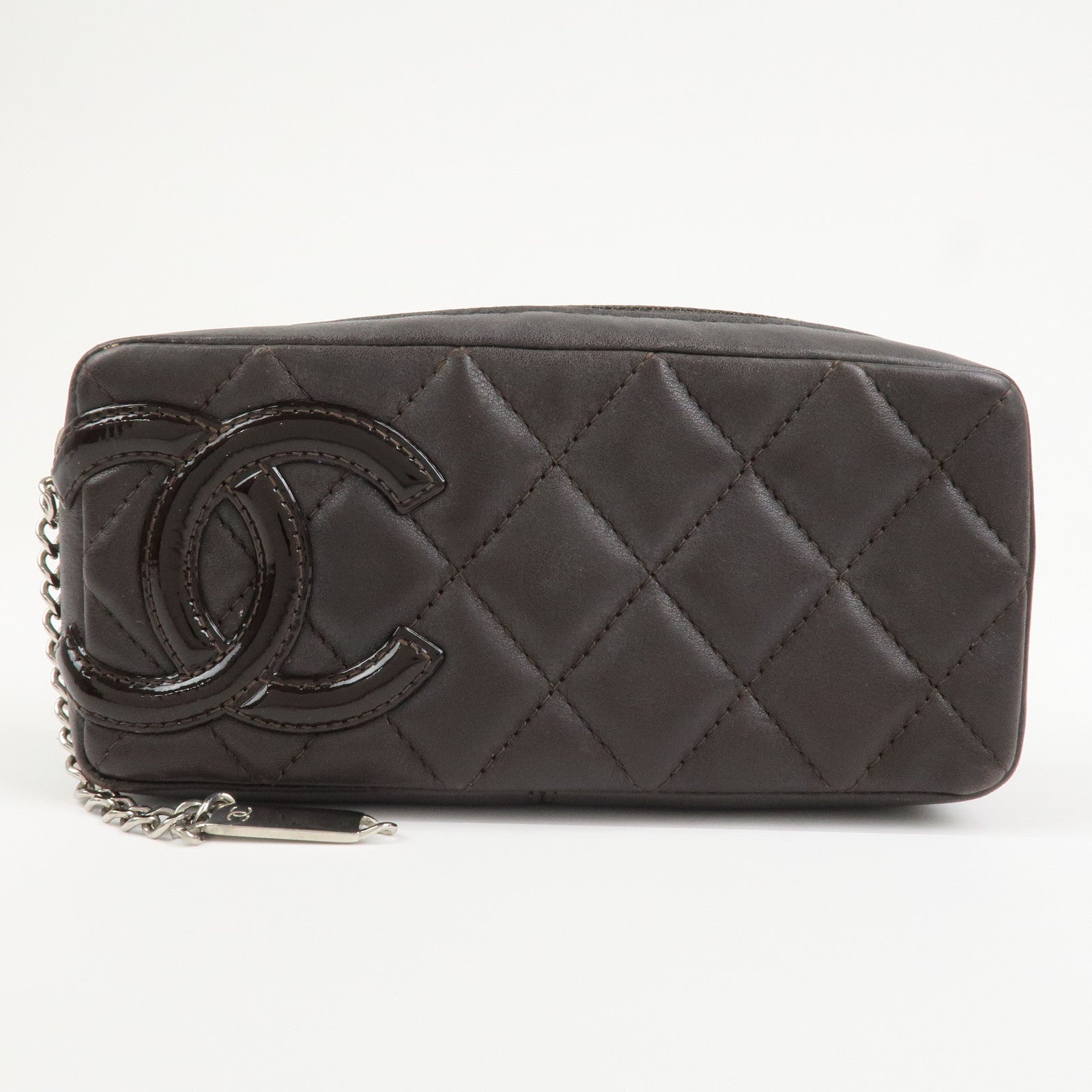 CHANEL Cambon Line COCO Mark Lambskin Cosmetic Pouch Brown