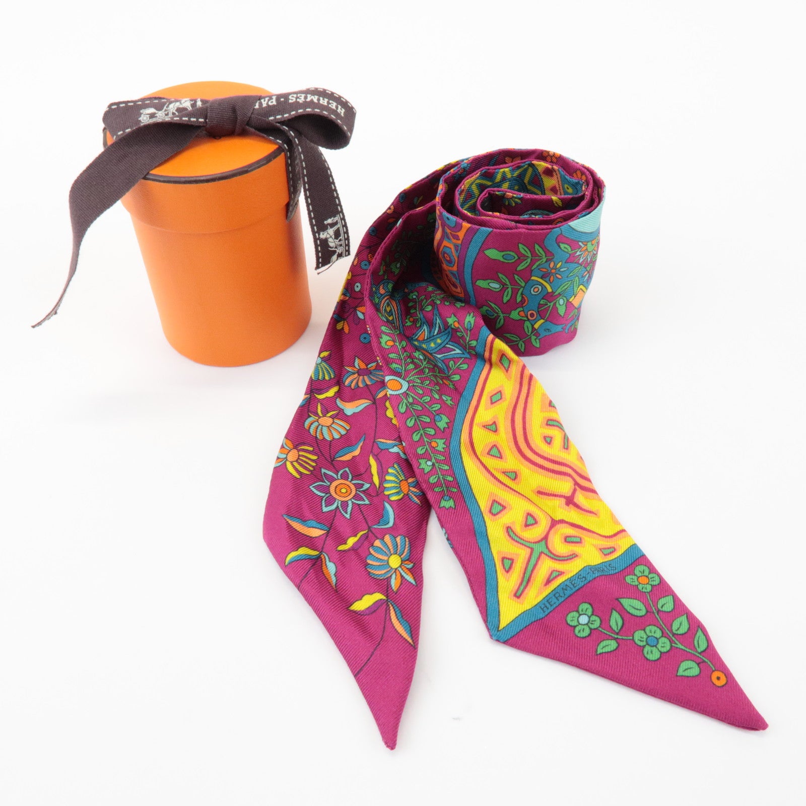 HERMES Twilly 100% Silk Scarf LARBRE DE VIE Flower Print Pink