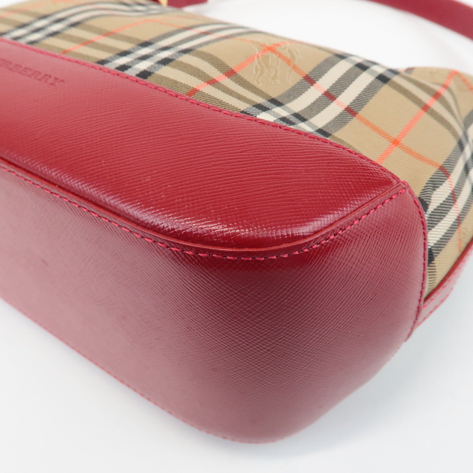 BURBERRY Nova Plaid Canvas Leather Shoulder Bag Red Used