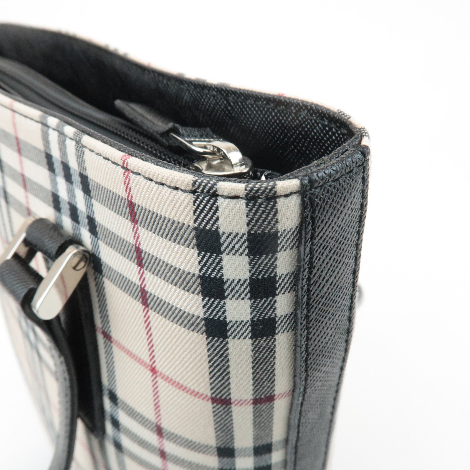 BURBERRY Nova Plaid Canvas Leather Tote Bag Shoulder Bag Black Used