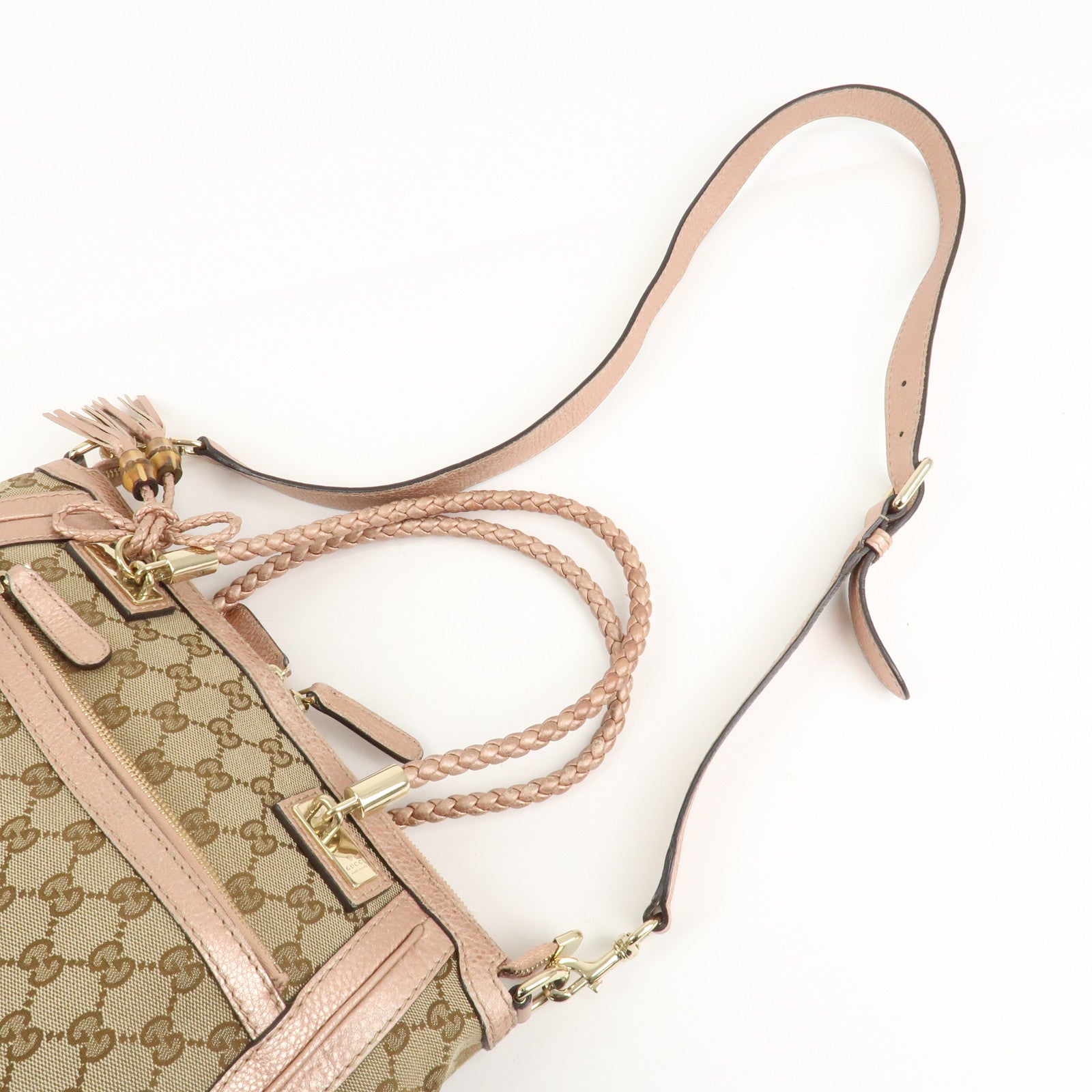 GUCCI Bamboo GG Canvas Leather 2Way Shoulder Bag Beige Pink 282300 Used