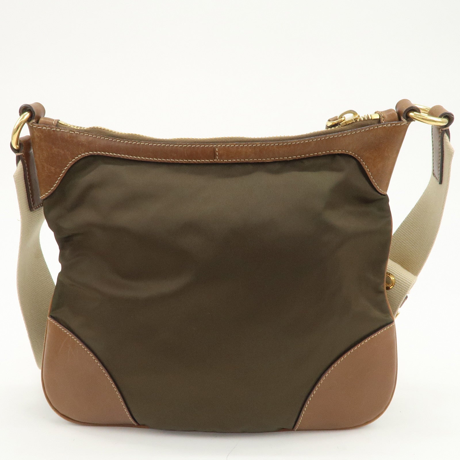 PRADA Triangle Logo Nylon Leather Crossbody Shoulder Bag Khaki