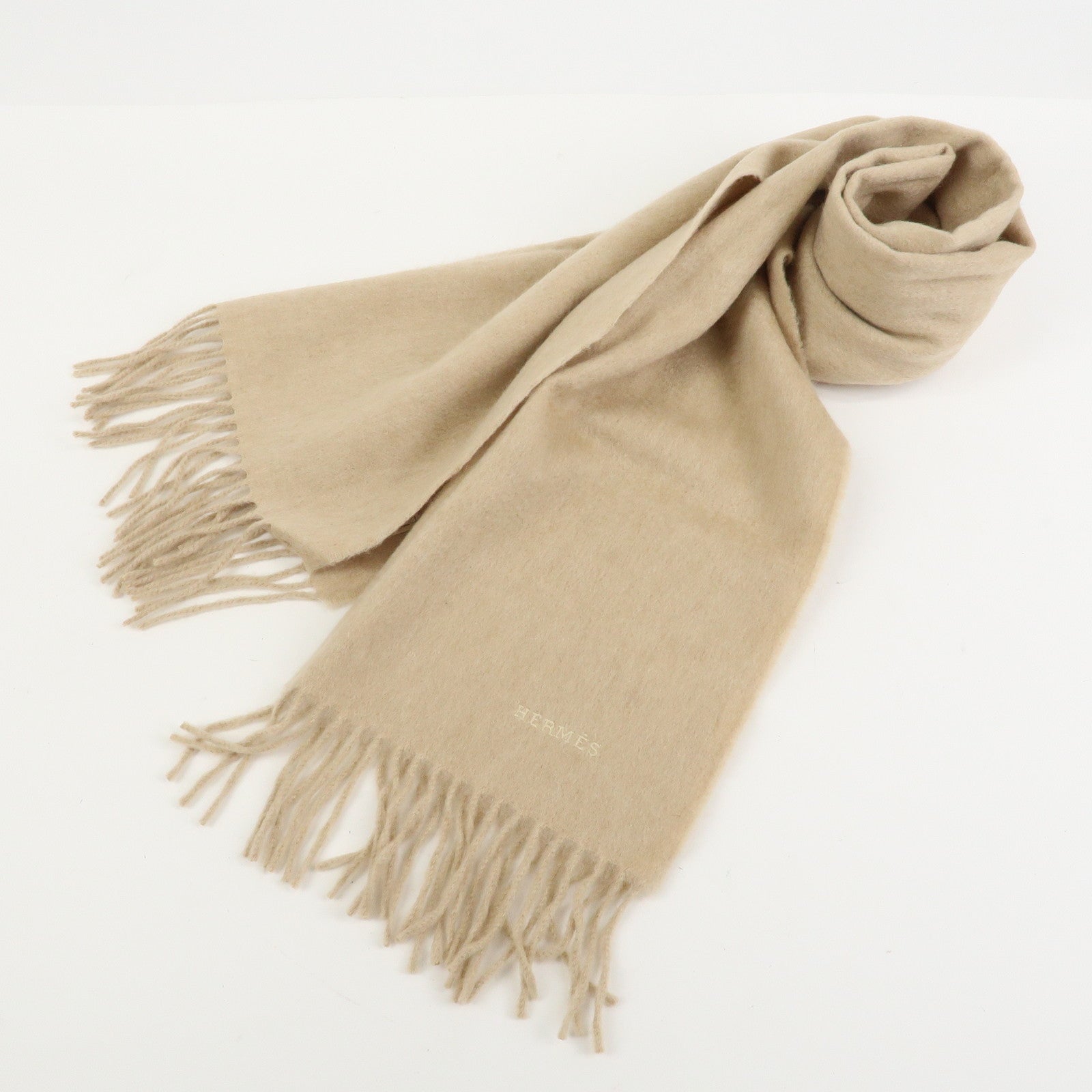 HERMES Logo Cashmere100% Scarf Stole Shawl Beige