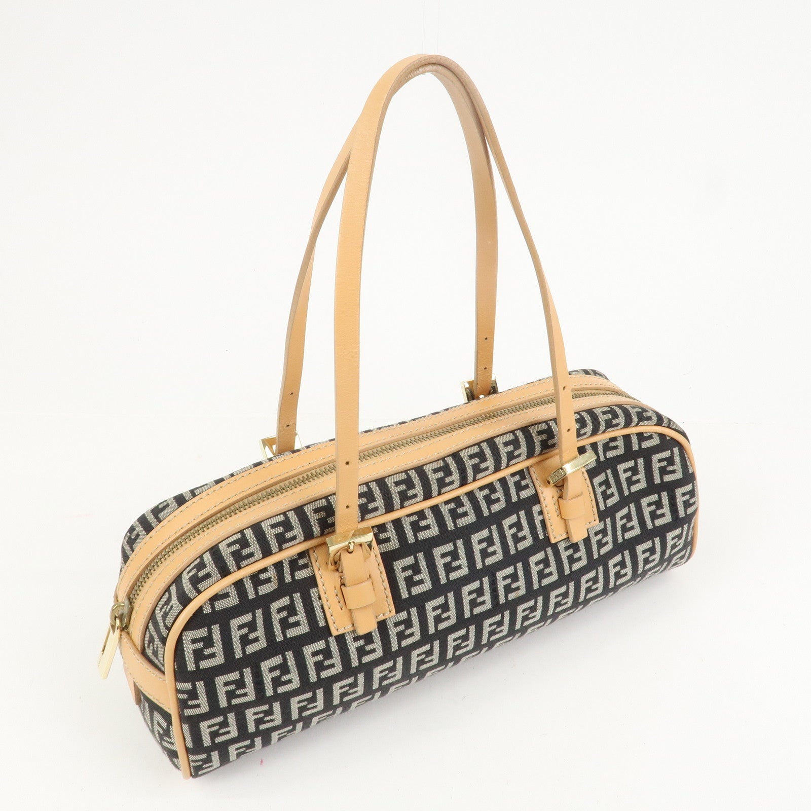 FENDI Zucchino Canvas Leather Mini Boston Bag Hand Bag Black 8BL007