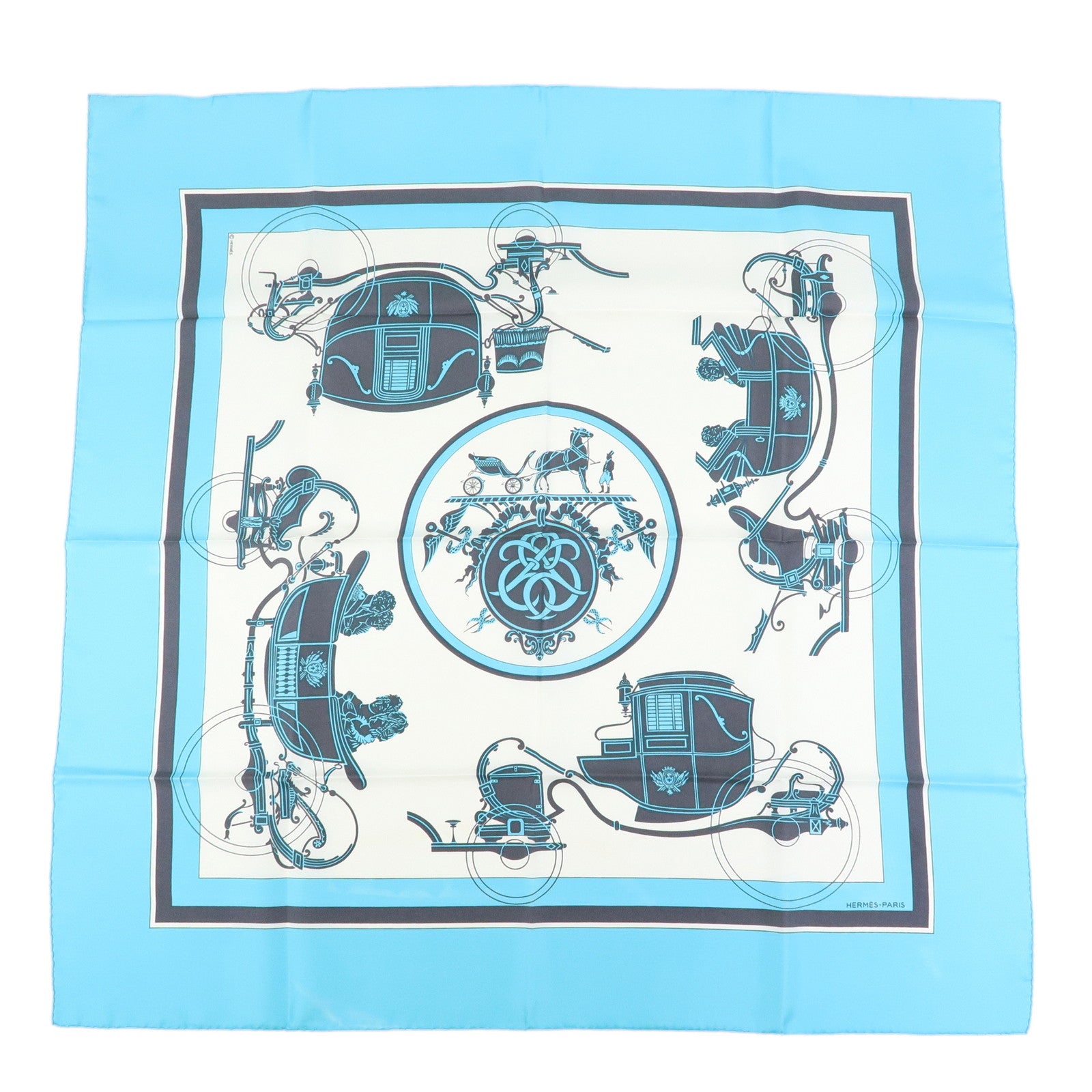 HERMES Carre 90 silk 100% Scarf Ex-Libris light Blue