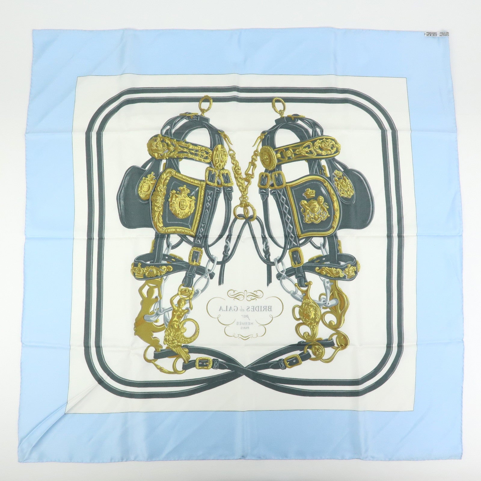 HERMES Carre 90 Silk 100% Scarf Brides de Gala Gray Light Blue Gold
