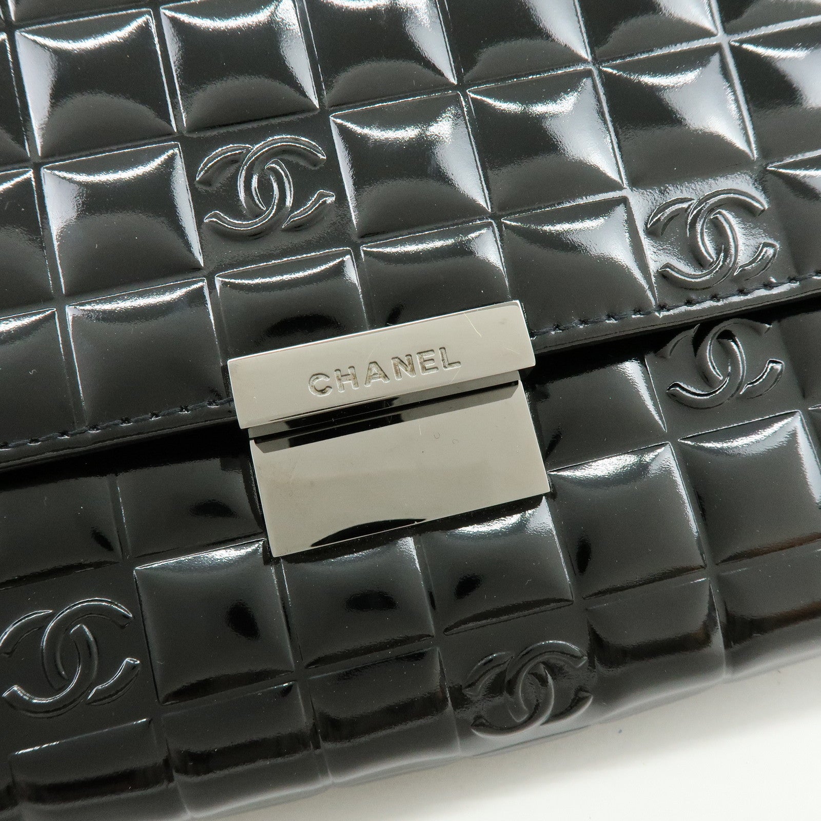 CHANEL Chocolate Bar COCO Mark Patent Leather Hand Bag Black