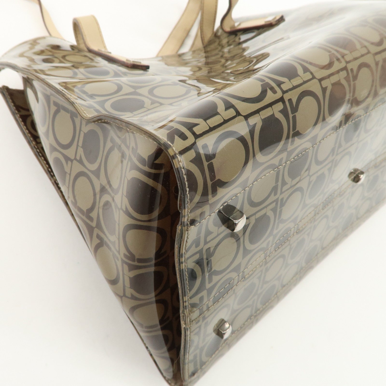 Ferragamo Gancini Vinyl Tote Bag Hand Bag Beige Khaki Silver HDW Used