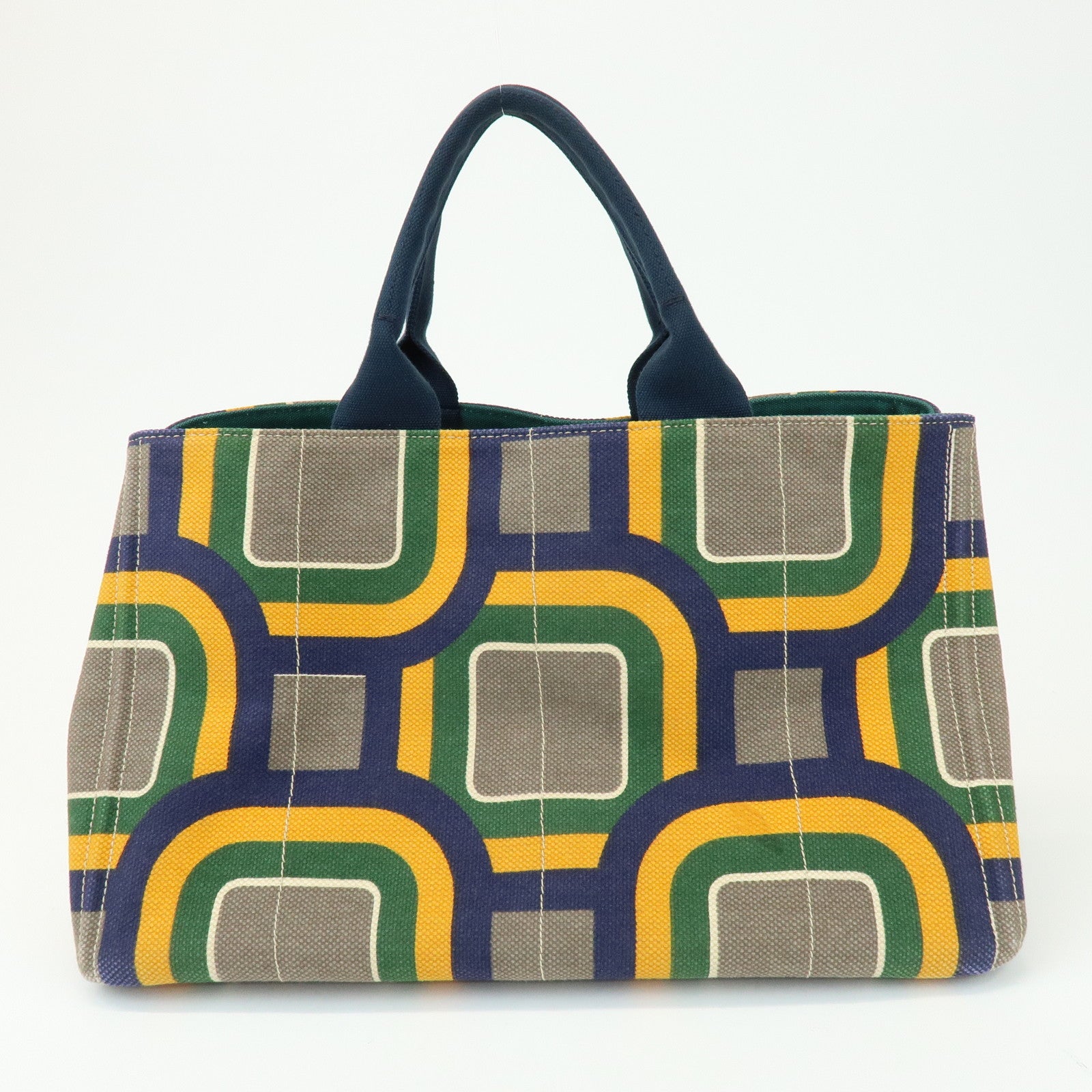 PRADA Canapa Large Tote Bag Hand Bag Green Yellow Navy BN1872