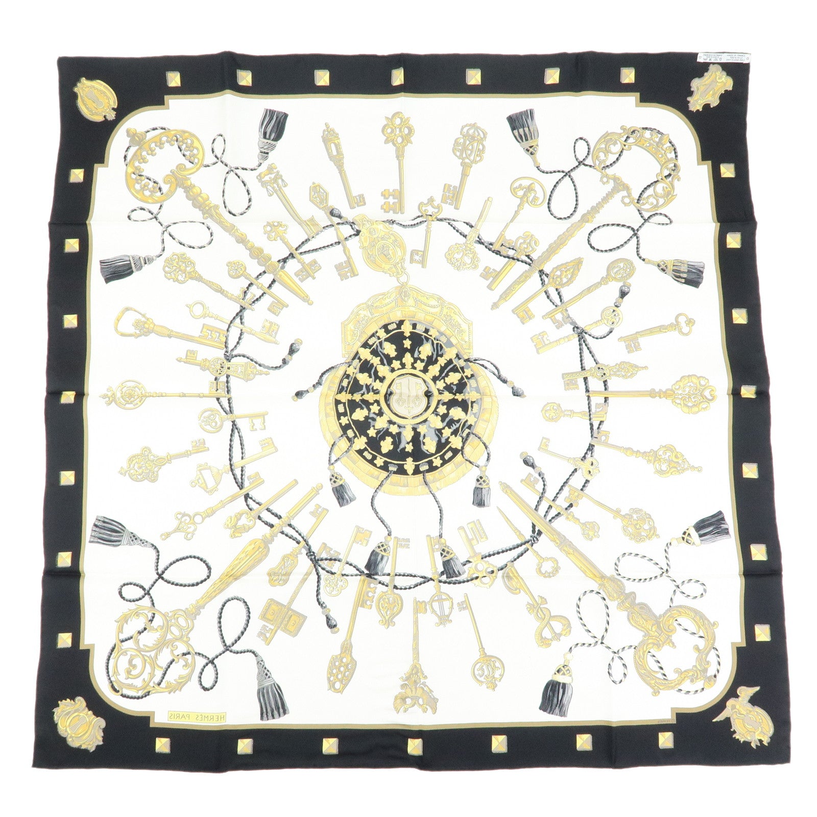 HERMES Carre 90 Silk 100% Scarf LES CLES THE KEYS RARE White Black
