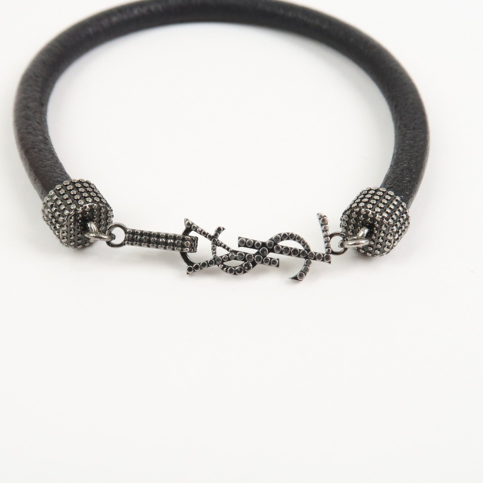 SAINT LAURENT Cassandre Logo Leather Metal Bracelet Black