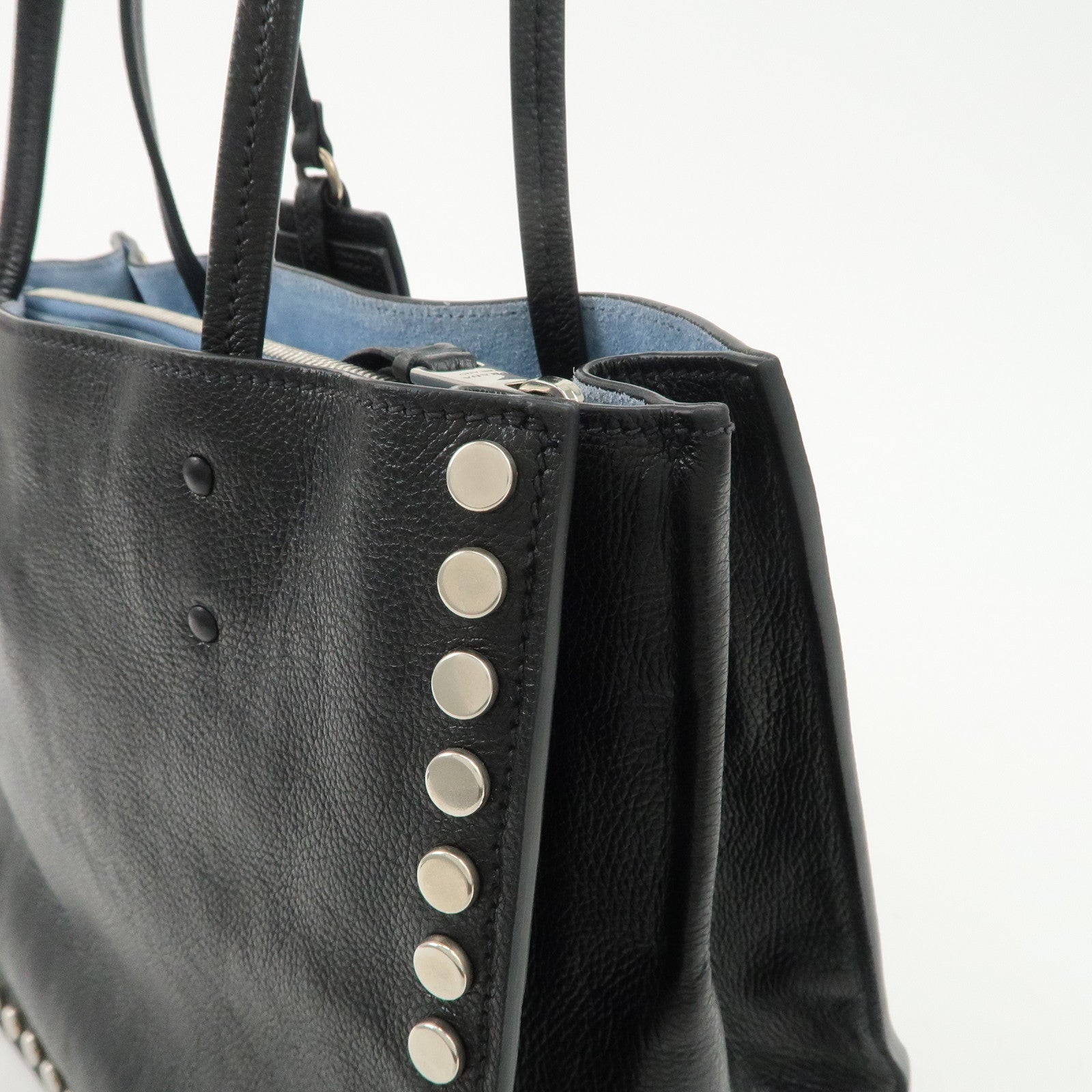PRADA Logo Etiquette Leather Tote Bag Studs Black 1BG121