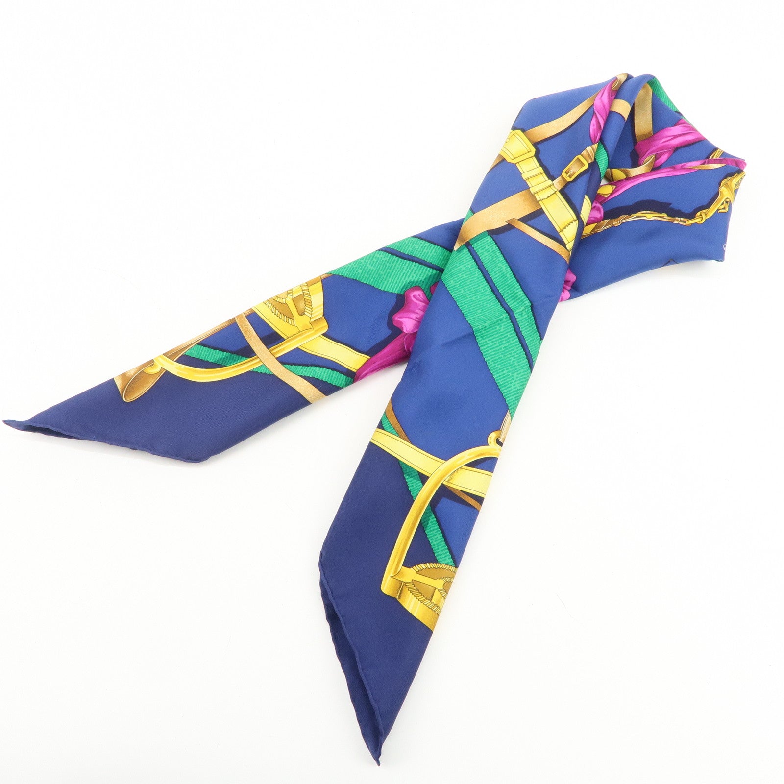 HERMES Carre 90 Silk 100% Grand Manege Scarf Navy Gold