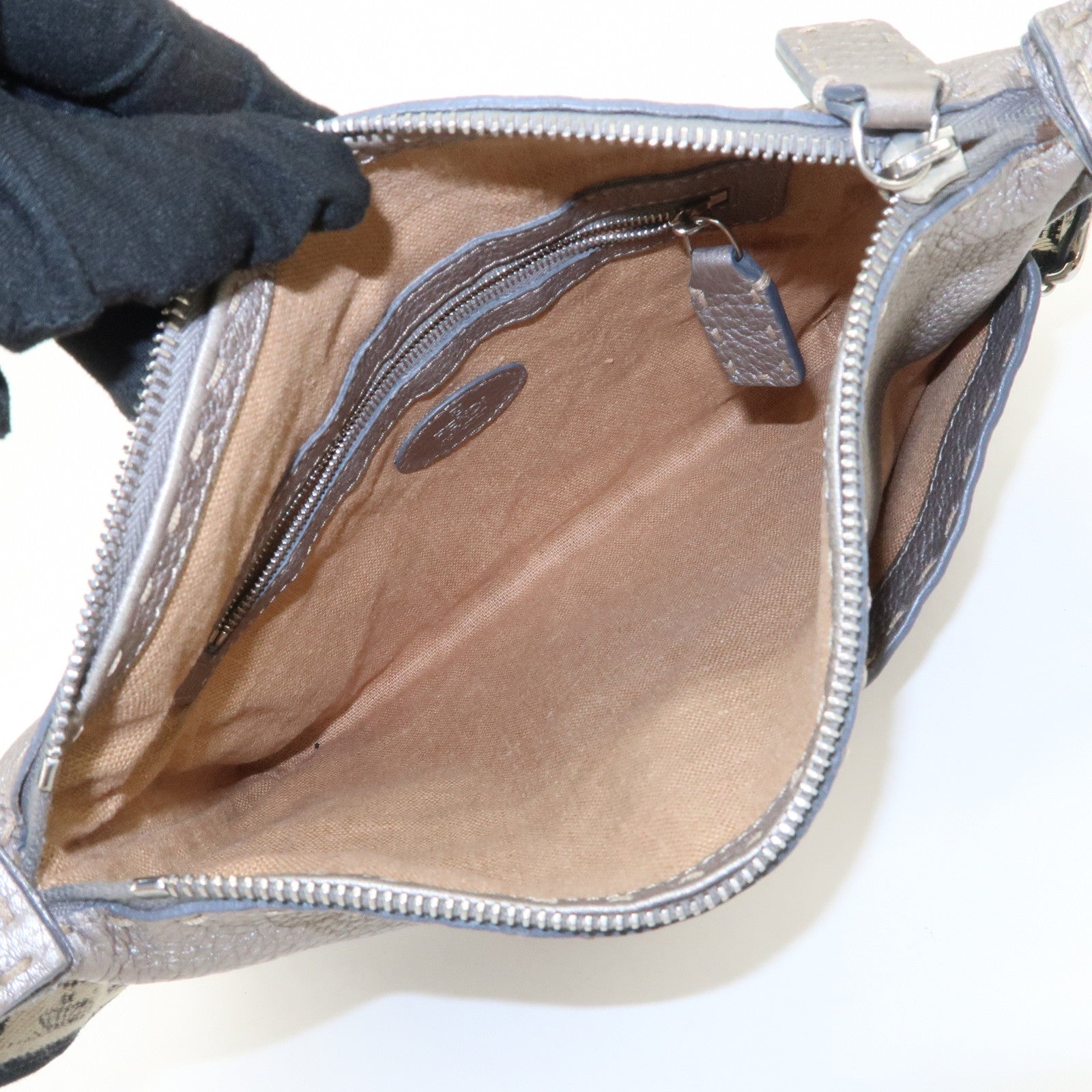 FENDI Selleria Leather Shoulder Bag Crossbody Bag Gray 8BT092