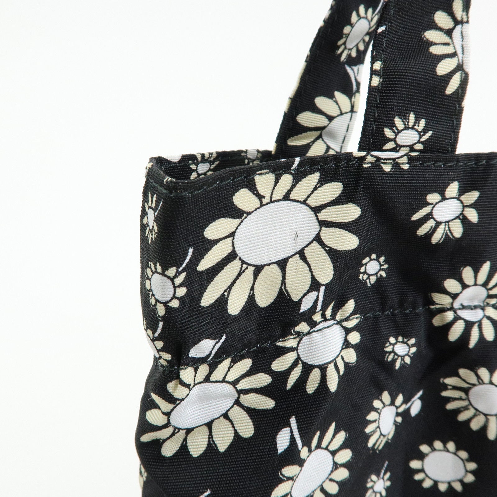 MIU MIU Nylon Leather Tote Bag Eco Bag Hand Bag Flower Print Black