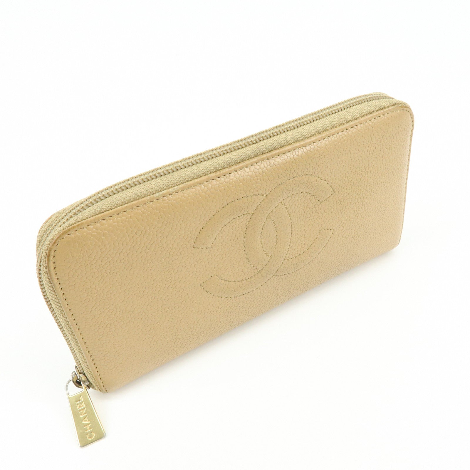 CHANEL Caviarskin Round Zippy Wallet Long Wallet Beige A13228