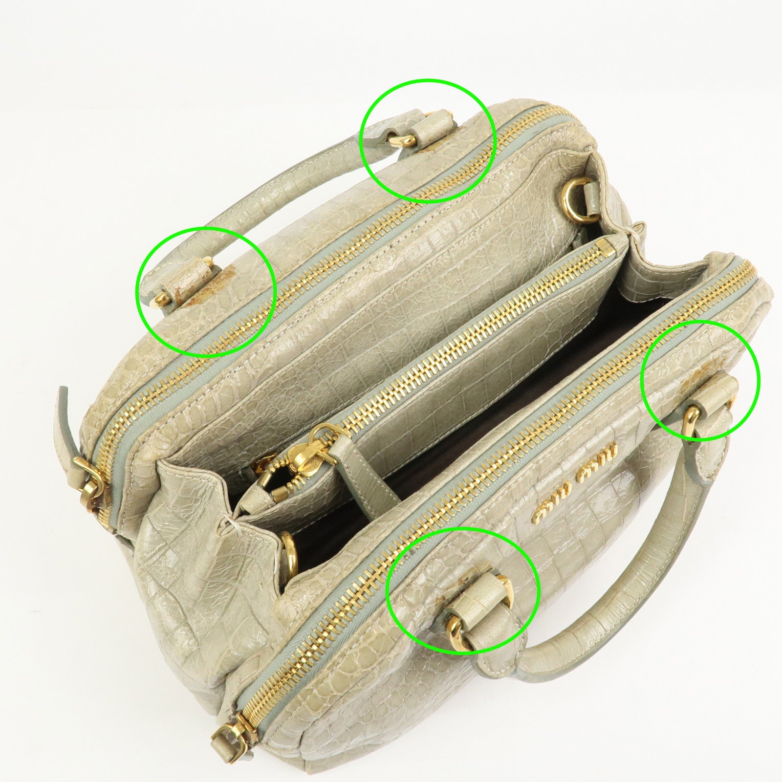 MIU MIU Logo Embossed Leather 2Way Bag Hand Bag Shoulder Bag Beige