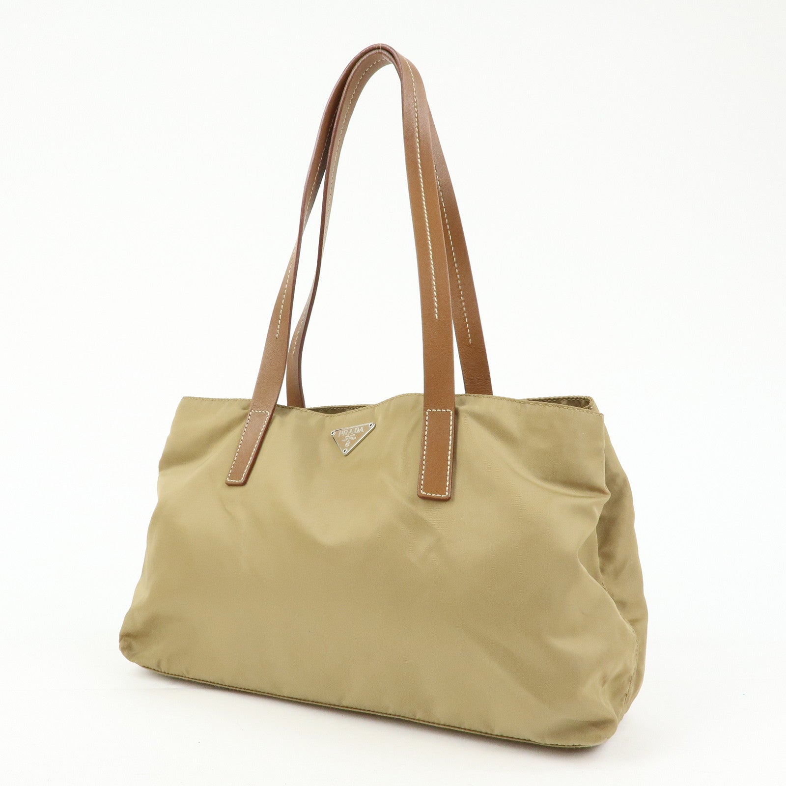 PRADA Triangle Logo Nylon Tote Bag Hand Bag Khaki Beige Brown