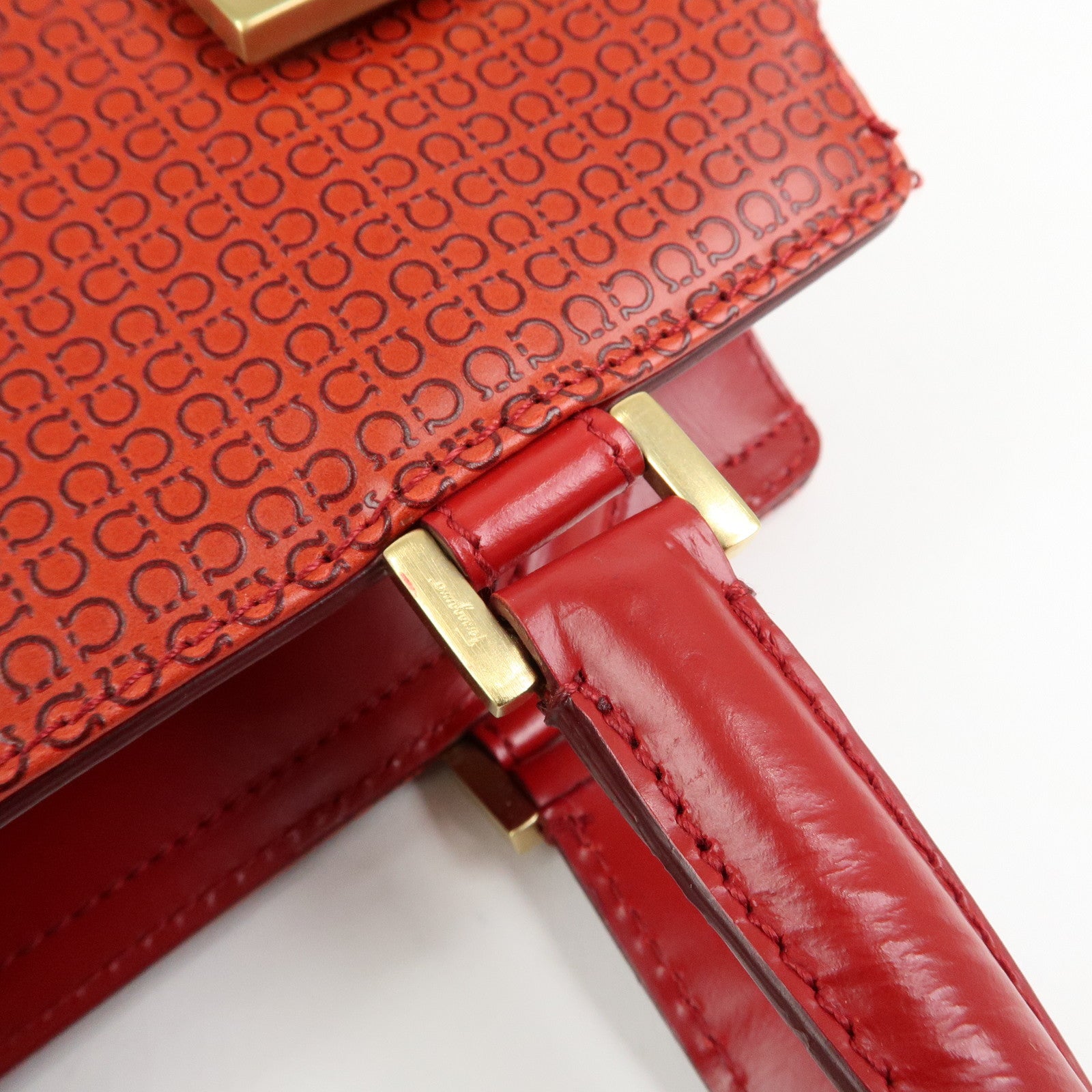 Ferragamo Gancini Side Belt Leather Hand Bag Tote Bag Red