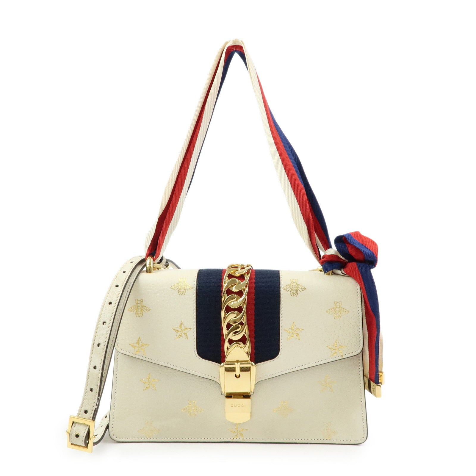 GUCCI Sylvie Sherry Leather Shoulder Bag Ivory Bee & Star 524405